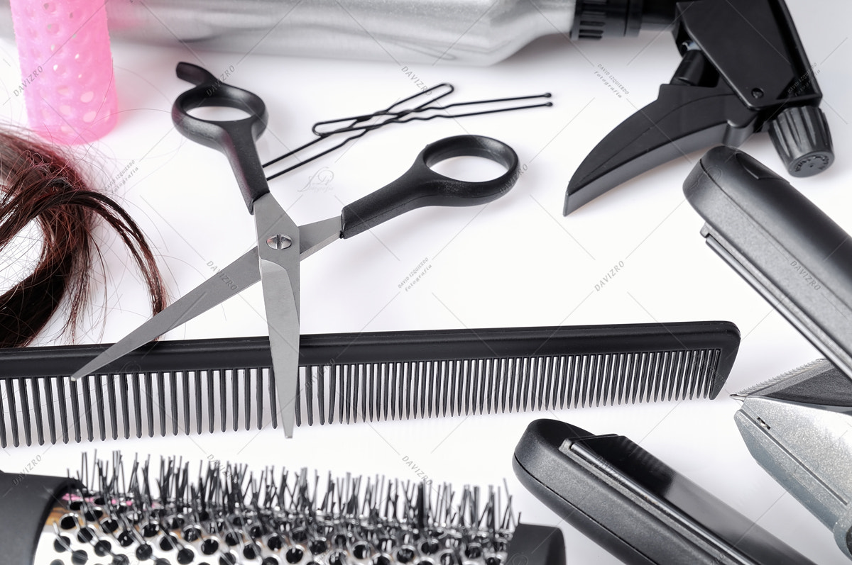 Tamron SP 24-70mm F2.8 Di VC USD sample photo. Composition hairdressing tools isolated top view photography