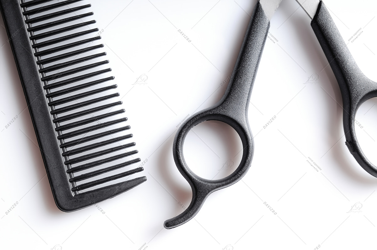 Nikon D300 sample photo. Barber scissors and comb closeup top view photography