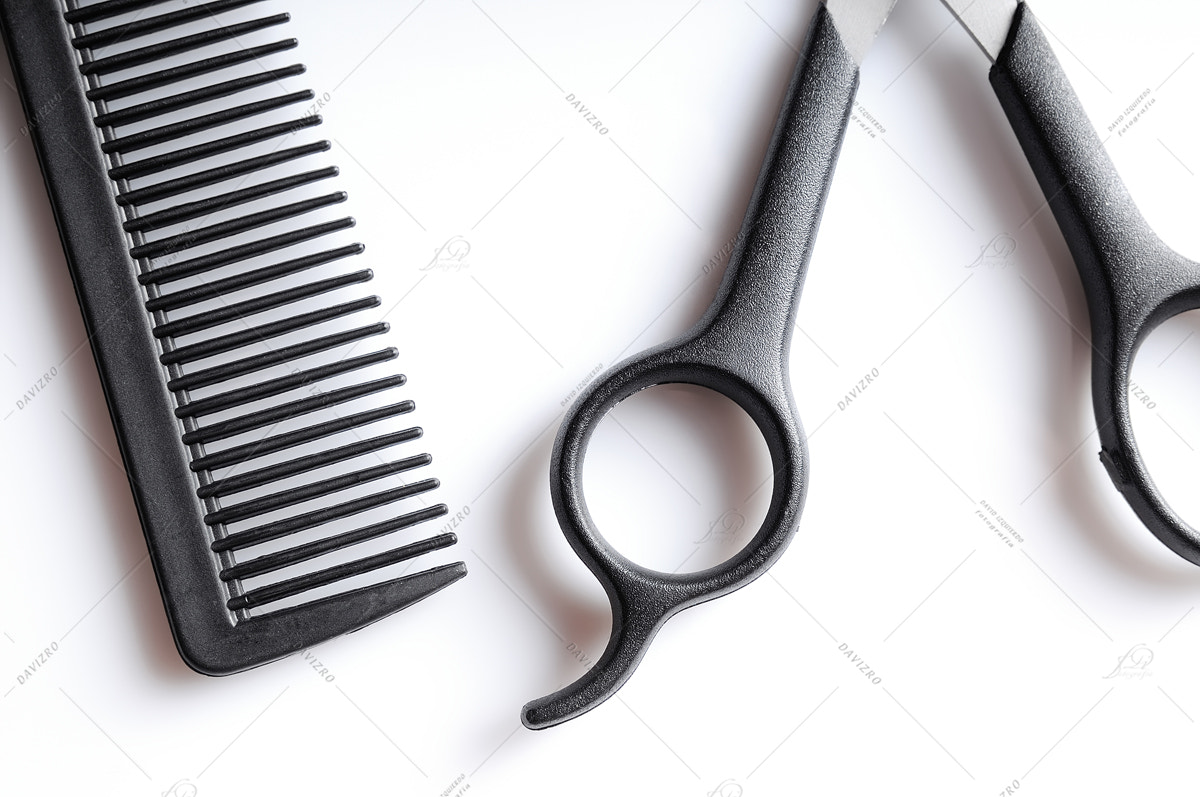 Tamron SP 24-70mm F2.8 Di VC USD sample photo. Barber scissors and comb closeup top view photography