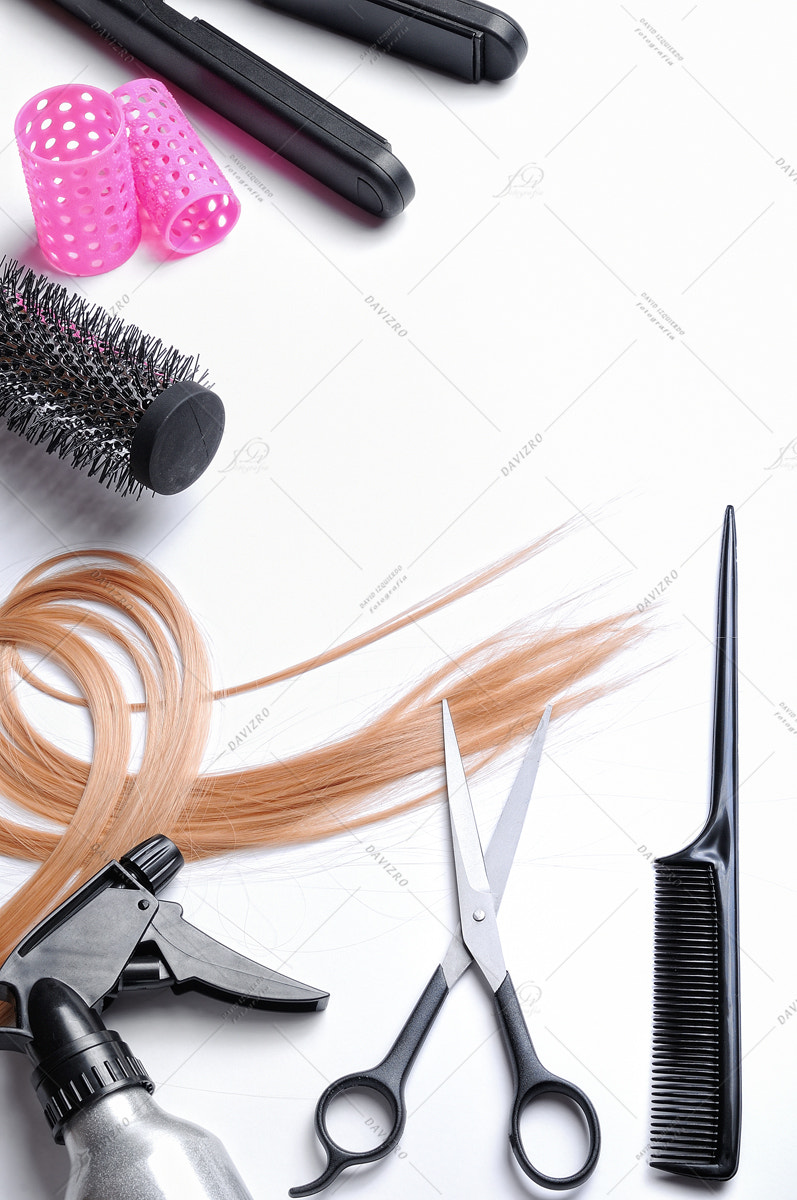 Tamron SP 24-70mm F2.8 Di VC USD sample photo. Composition with hairdressing accessories top view isolated photography