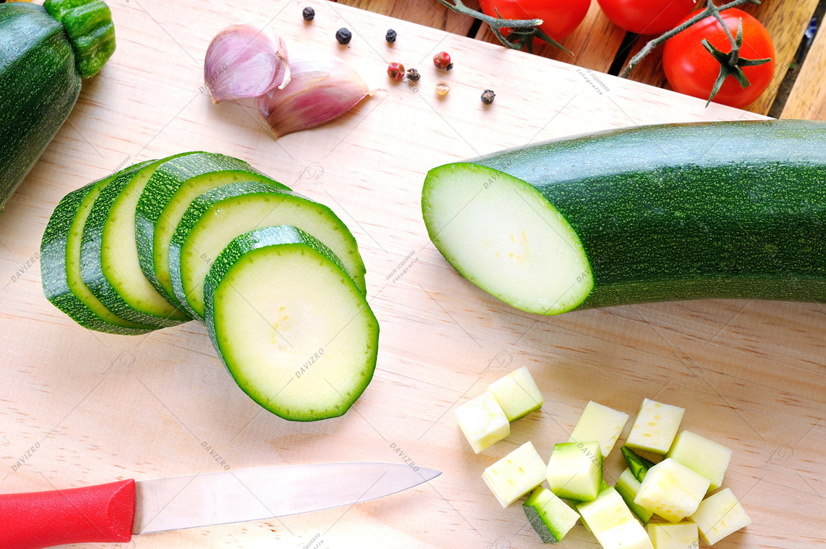 Tamron SP 24-70mm F2.8 Di VC USD sample photo. Green zucchini prepared on cutting board top view photography