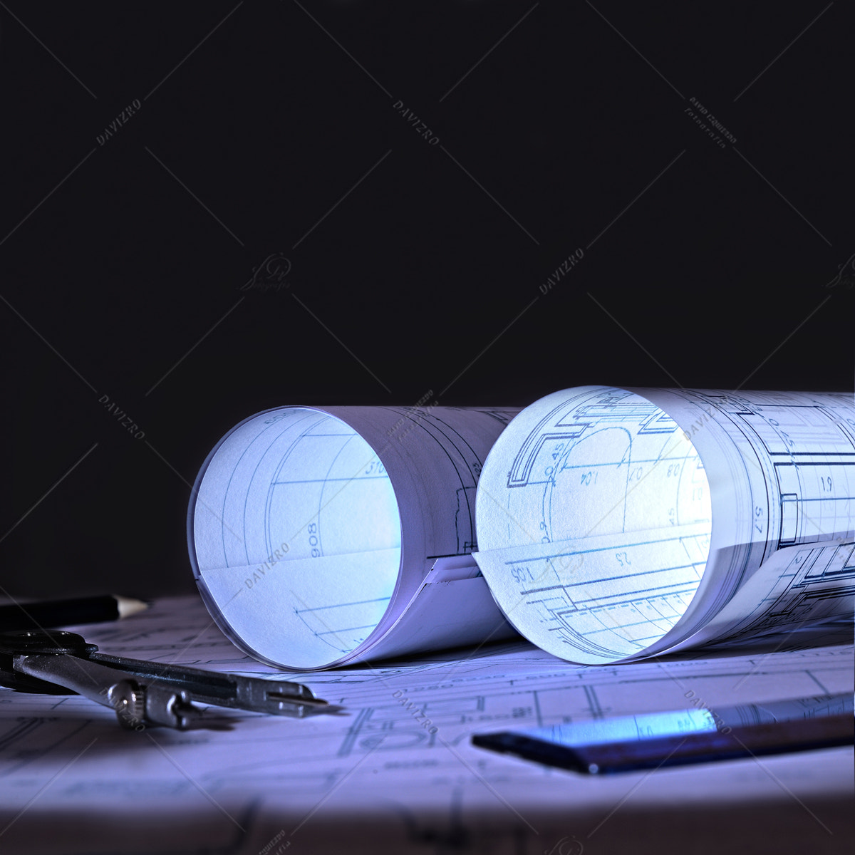 Architectural plans an office at dawn