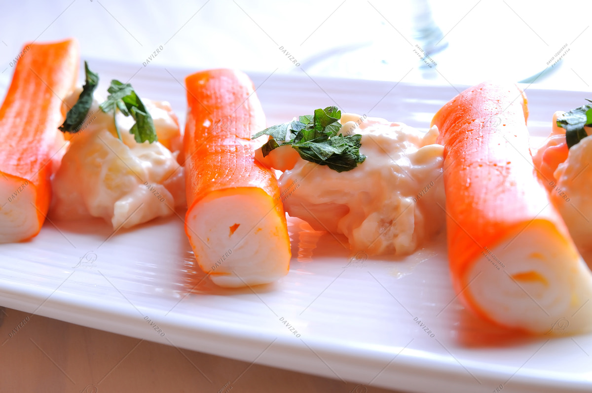 Nikon D300 + Tamron SP 24-70mm F2.8 Di VC USD sample photo. Surimi sticks with sauce on a white plate front view photography