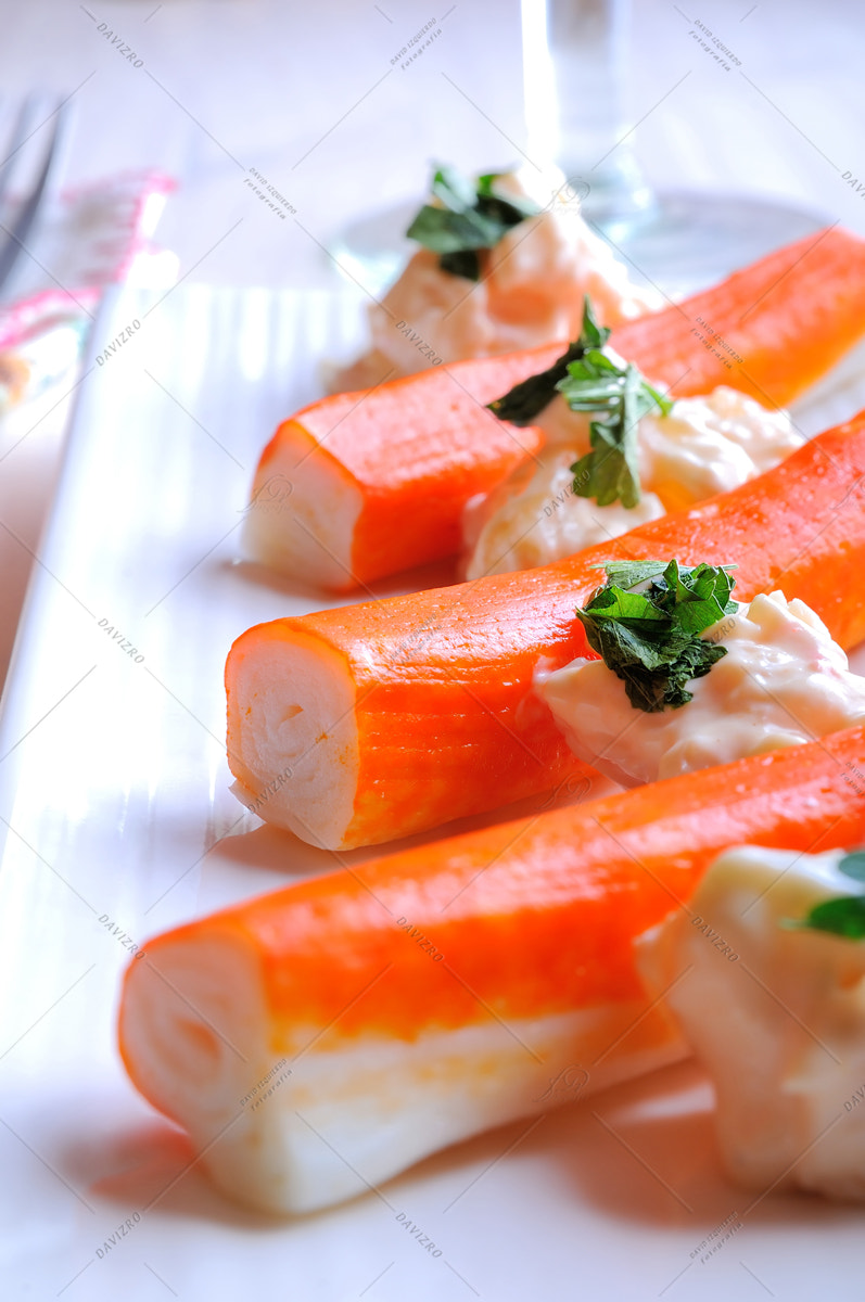 Tamron SP 24-70mm F2.8 Di VC USD sample photo. Surimi sticks with sauce on a white plate closeup photography