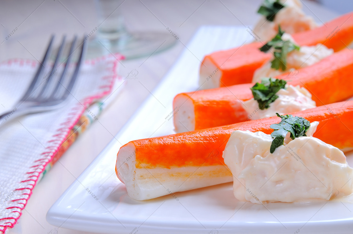 Nikon D300 + Tamron SP 24-70mm F2.8 Di VC USD sample photo. Surimi sticks with sauce on a white plate photography