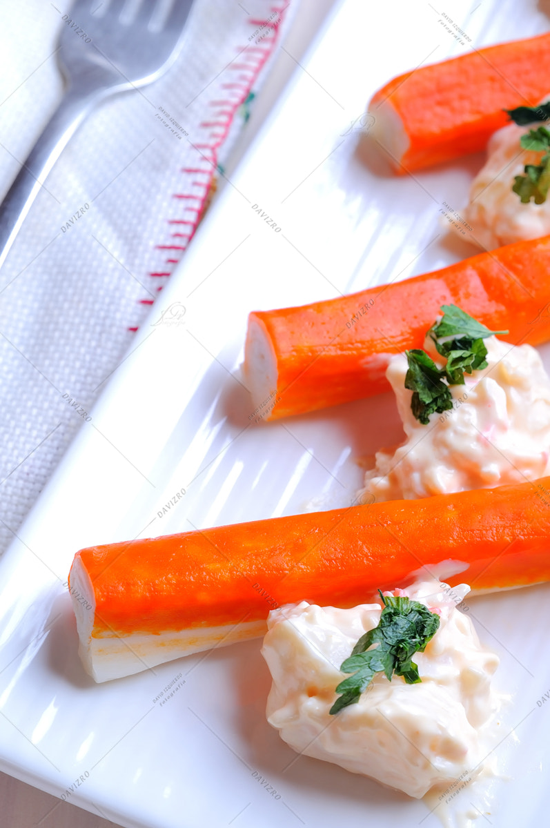 Tamron SP 24-70mm F2.8 Di VC USD sample photo. Surimi sticks with sauce on a white plate top view photography