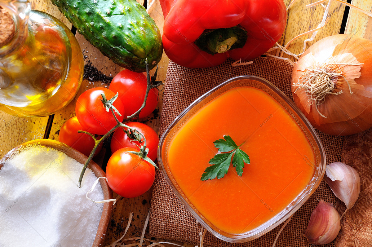 Nikon D300 + Tamron SP 24-70mm F2.8 Di VC USD sample photo. Gazpacho prepared on a wooden table top view photography