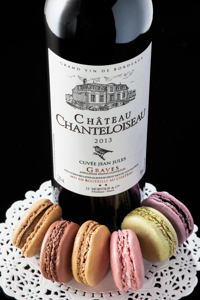 Canon EF 85mm F1.2 sample photo. Macarons and wine photography