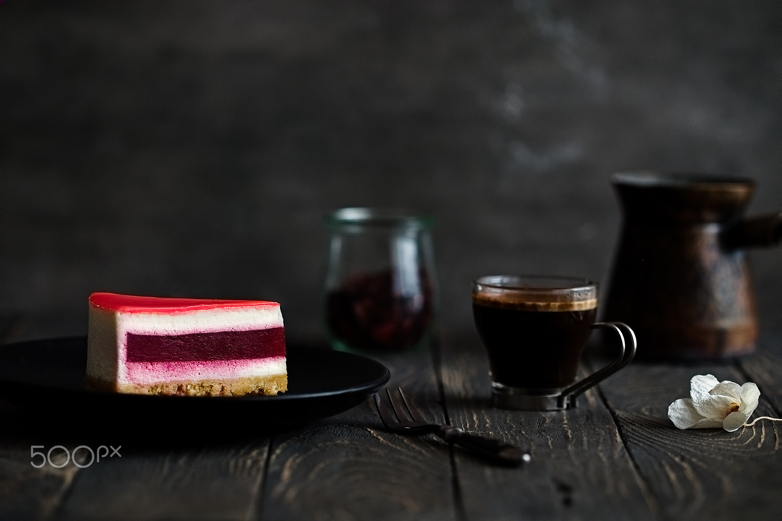 Fujifilm X-E2 + Fujifilm XF 90mm F2 R LM WR sample photo. Strawberry cheesecake with coffee on wooden table photography