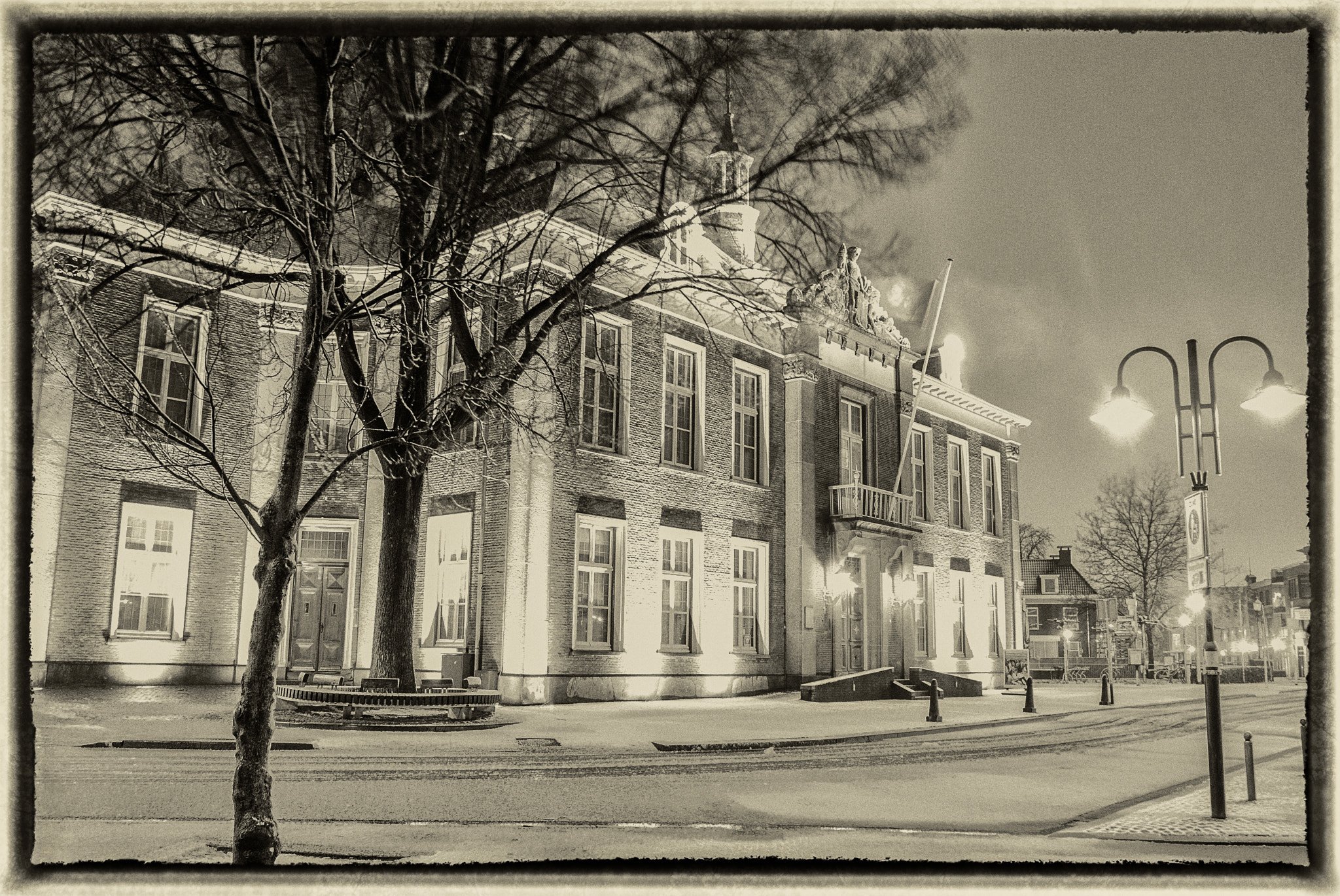 Sigma 18-50mm F2.8 EX DC sample photo. Library at night with fresh wet snow photography