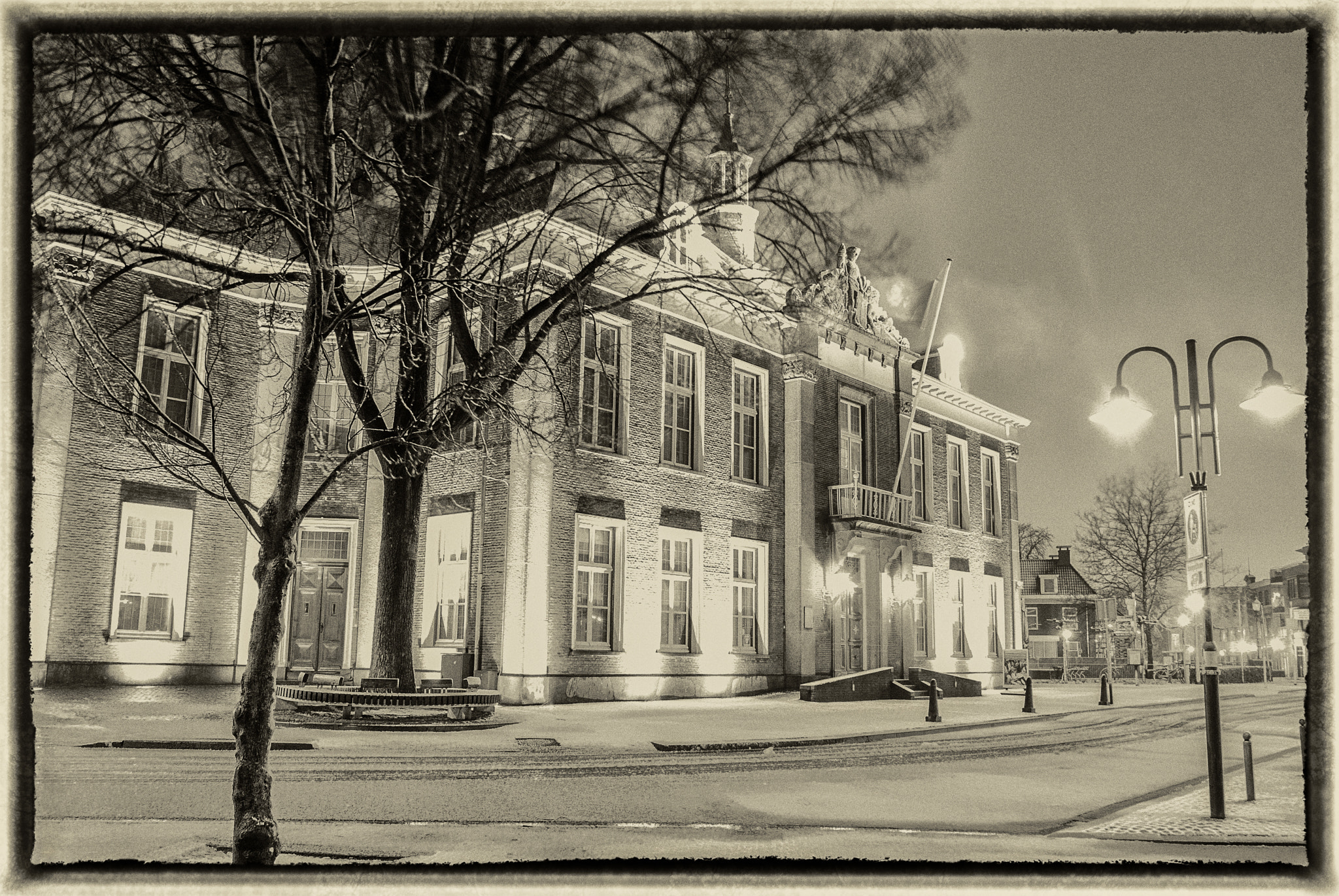 Nikon D200 + Sigma 18-50mm F2.8 EX DC sample photo. Library at night with fresh wet snow photography