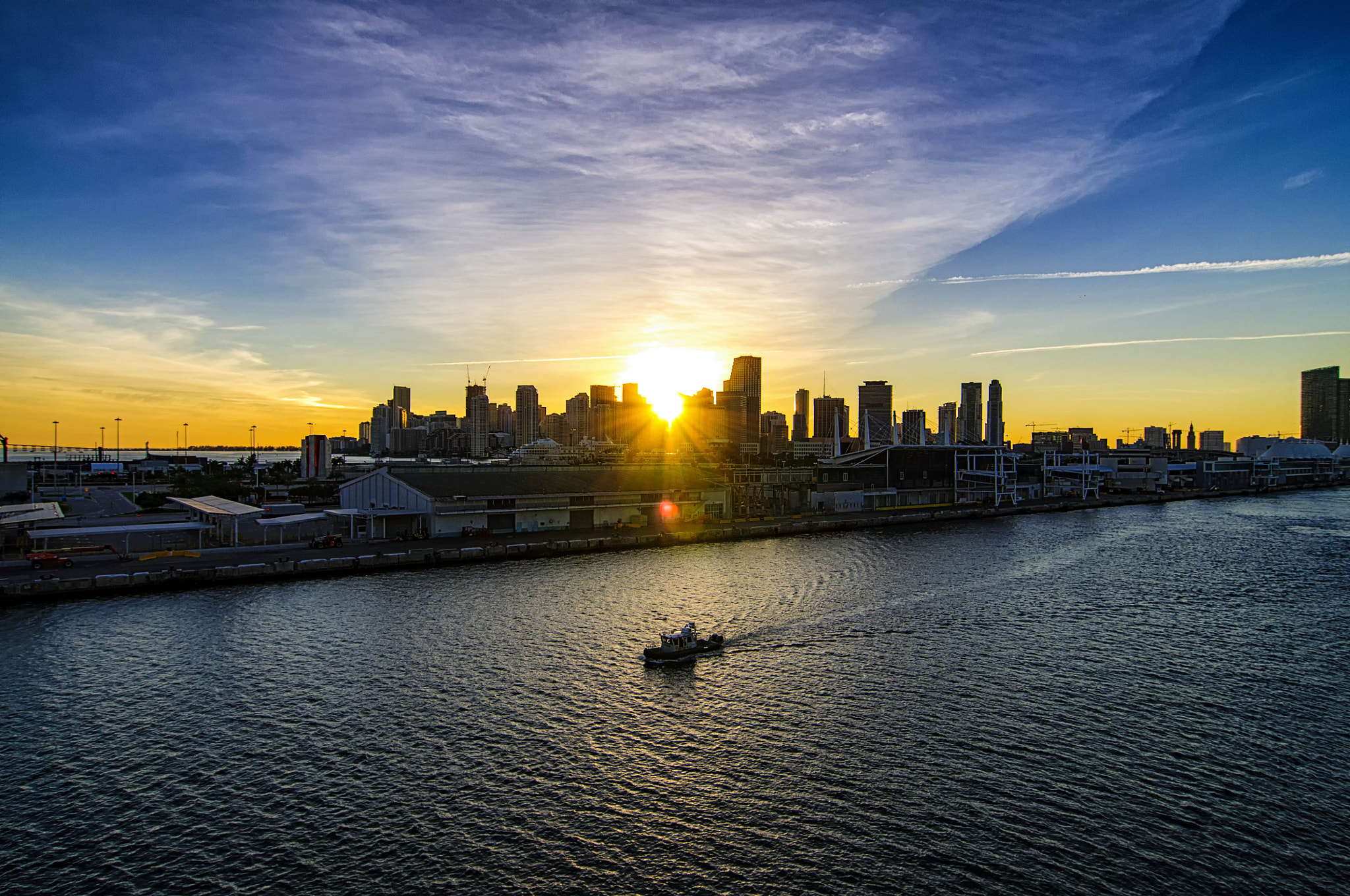 Tokina AT-X Pro 12-24mm F4 (IF) DX sample photo. Miami skyline during sunset from the disney magic as it leaves the port of miami photography