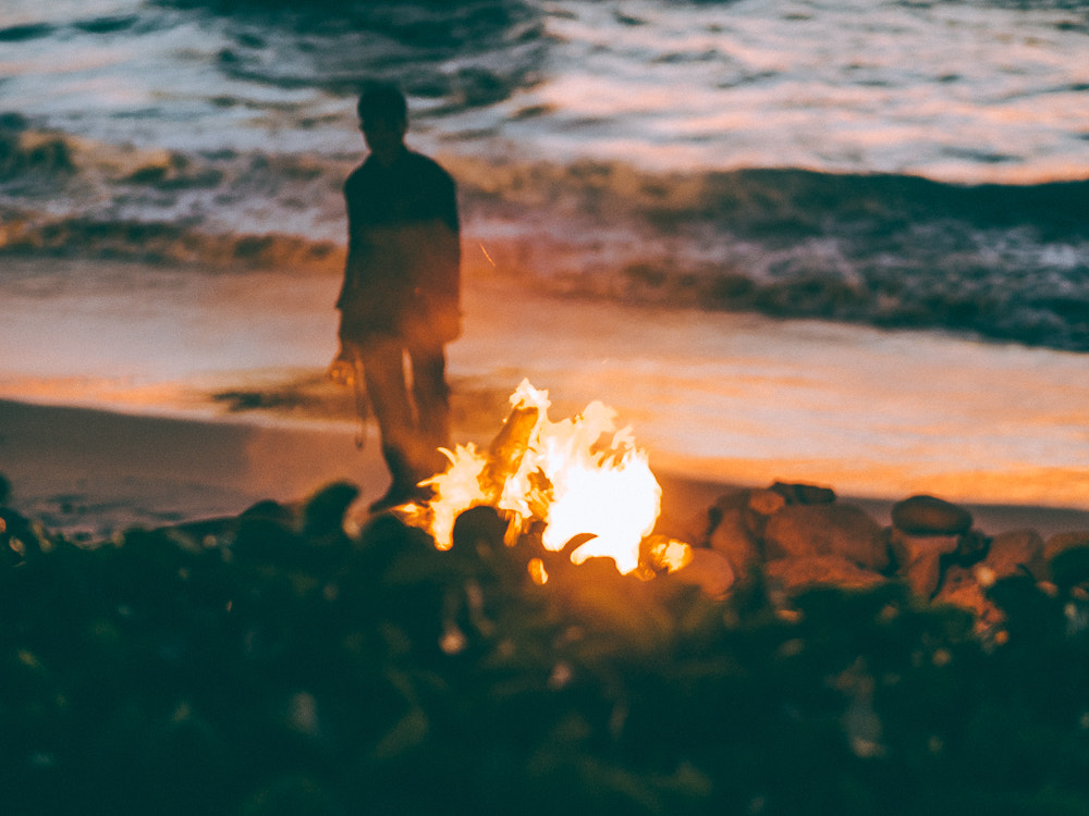 Olympus OM-D E-M1 sample photo. Bonfire in nihiwatu beach, just before the sunset photography