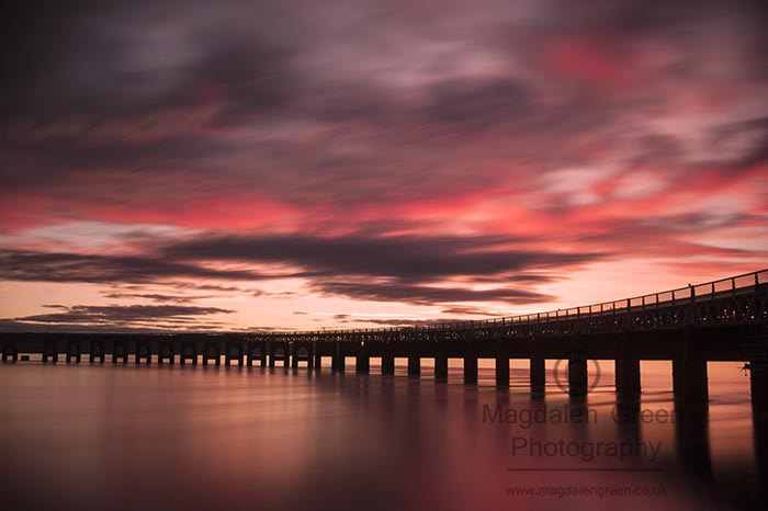 Nikon D700 sample photo. Sky of glory ablaze over the tay rail bridge - dundee scotland photography