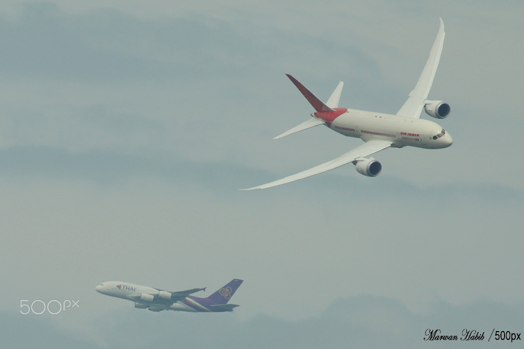 Canon EOS 50D + Canon EF 100-400mm F4.5-5.6L IS USM sample photo. Boeing 787-8 air india & airbus a380-800 thaï photography