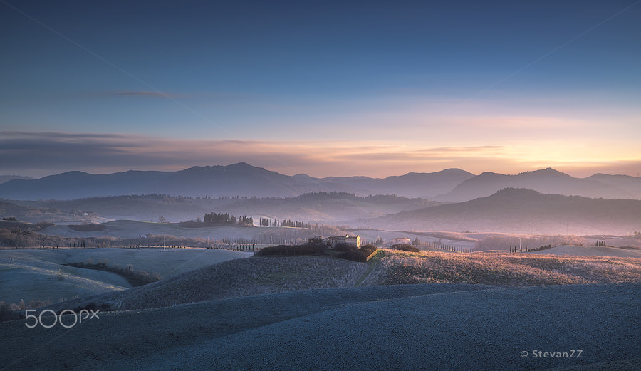 Sony a7R II sample photo. Tuscany winter panorama on blue sunset. italy photography