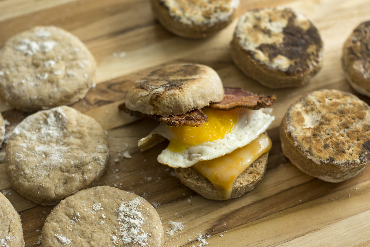 Nikon D7100 + AF Nikkor 50mm f/1.8 sample photo. Sourdough english muffins photography