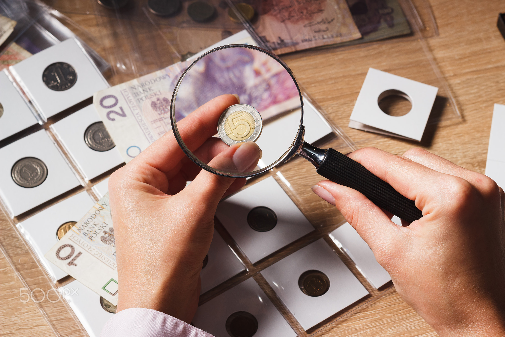 Woman looks at the Zloty through a magnifying glass