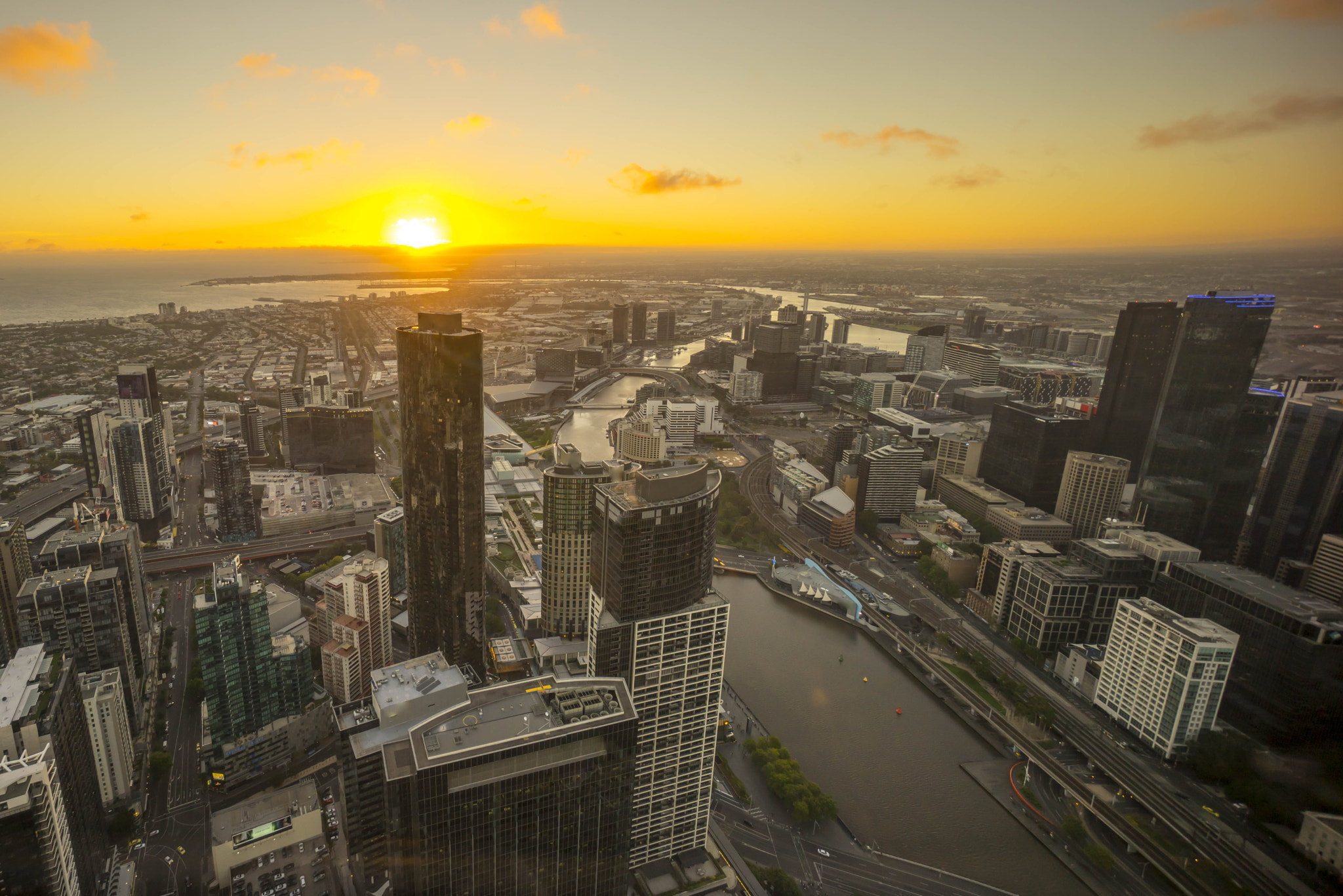 Sony a7R sample photo. Aerial view of dramatic sunset at melbourne city skyline photography