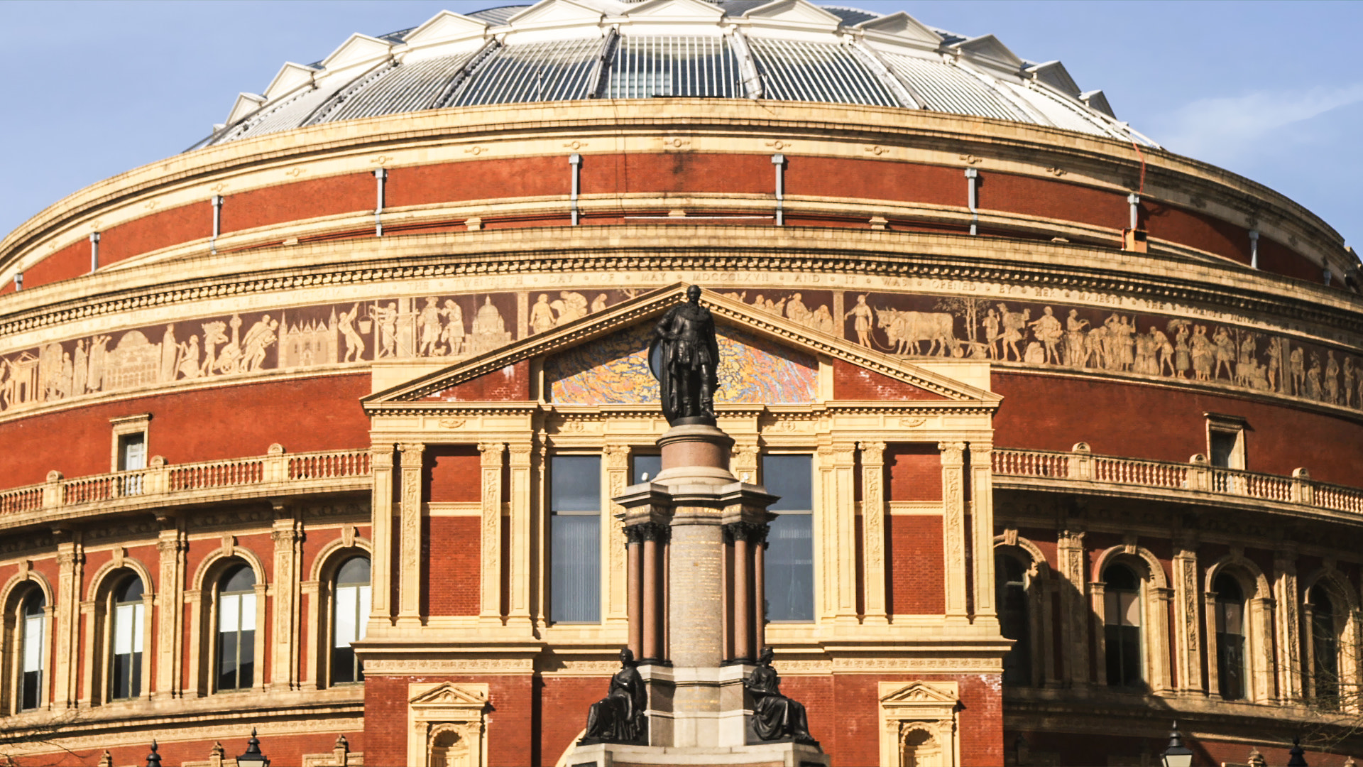 Pan of the top of the Royal Albert Hall in London.