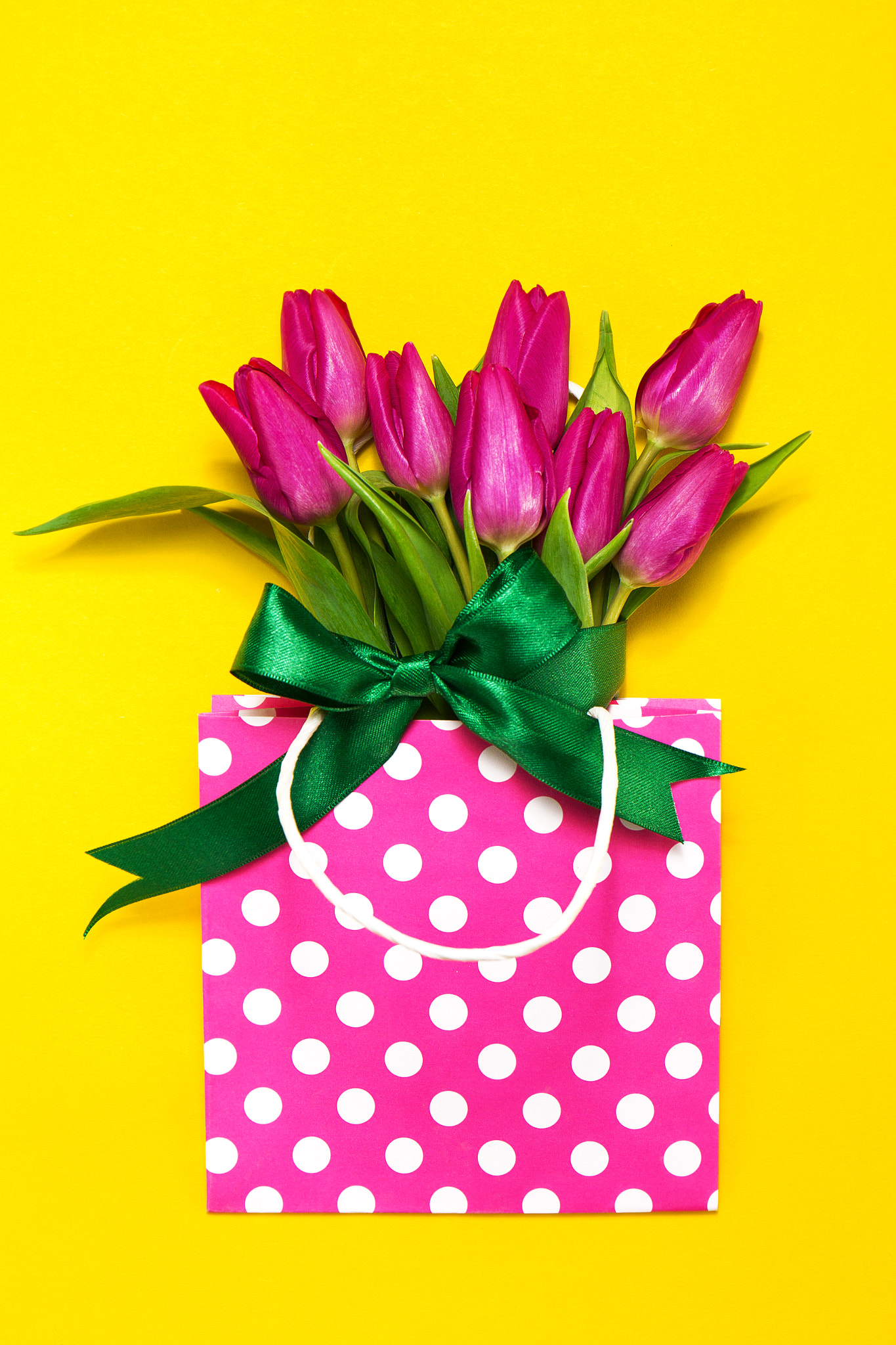 Canon EF 24-70mm F4L IS USM sample photo. Fresh beautiful lila tulips in gift package on bright yellow bac photography