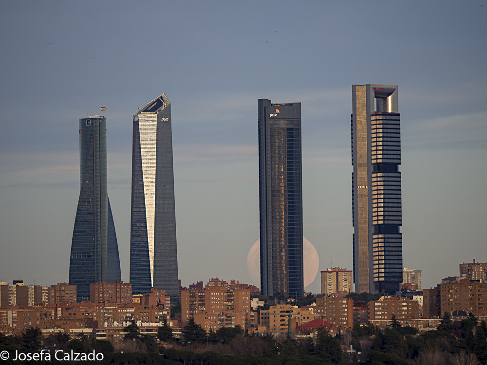 Olympus OM-D E-M1 Mark II + LEICA DG 100-400/F4.0-6.3 sample photo. Luna de enero en las 4 torres de madrid photography