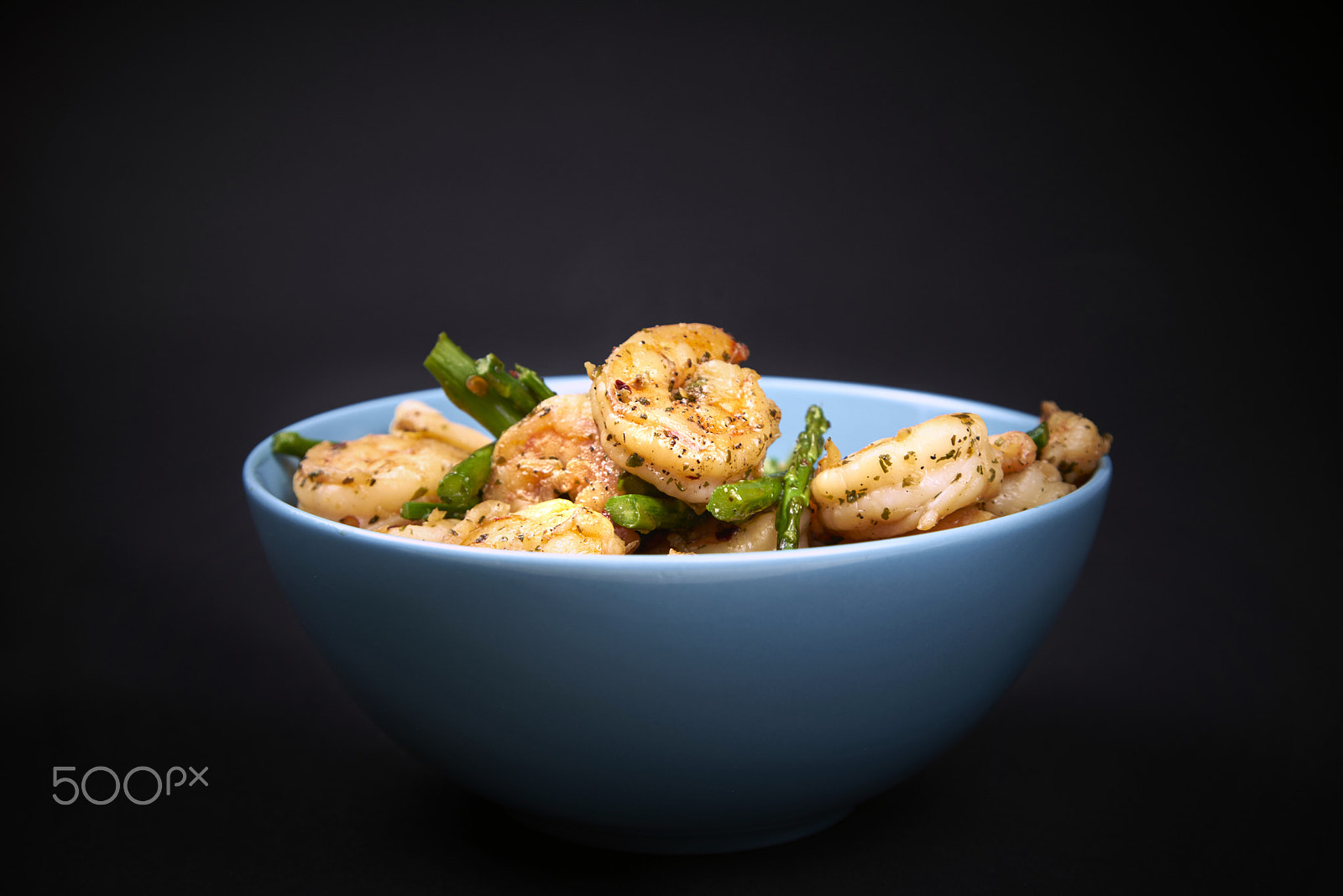 Sony a7R sample photo. Fried shrimps and asparagus in a bowl photography