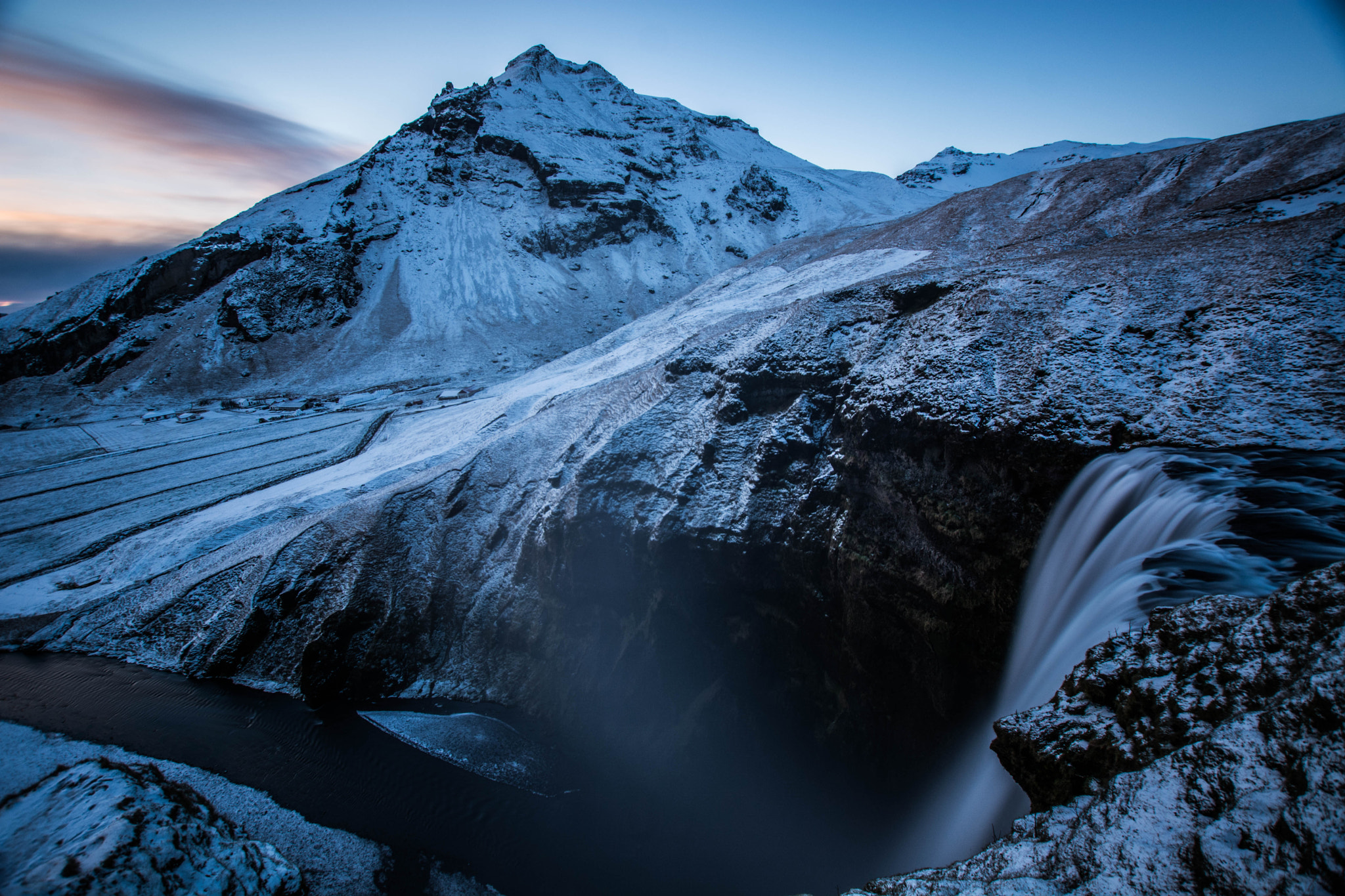 Nikon D5200 + Sigma 10-20mm F3.5 EX DC HSM sample photo. Sunset at skogafoss, iceland photography