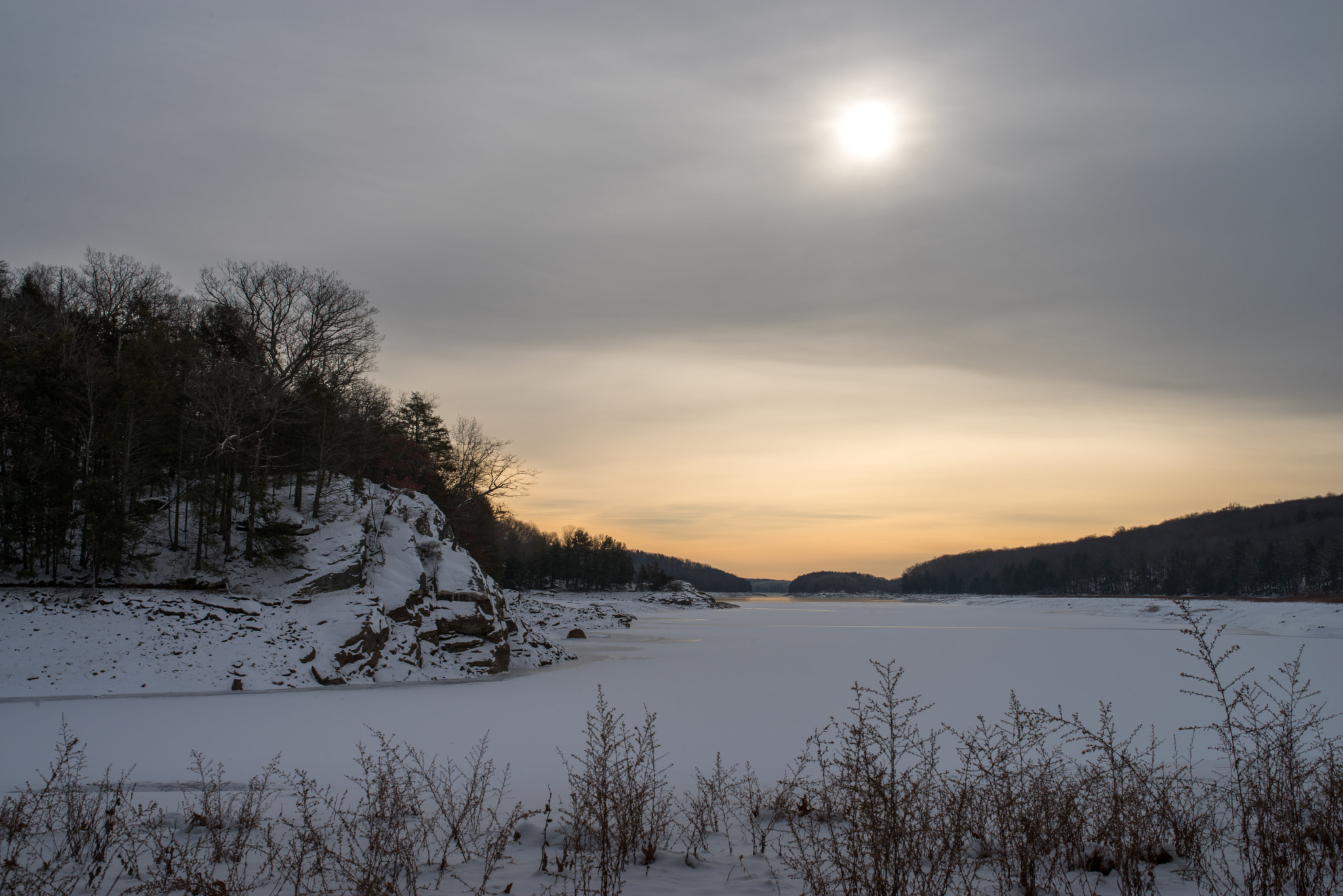 Pentax K-1 sample photo. Sun behind clouds, saugatuck reservoir photography