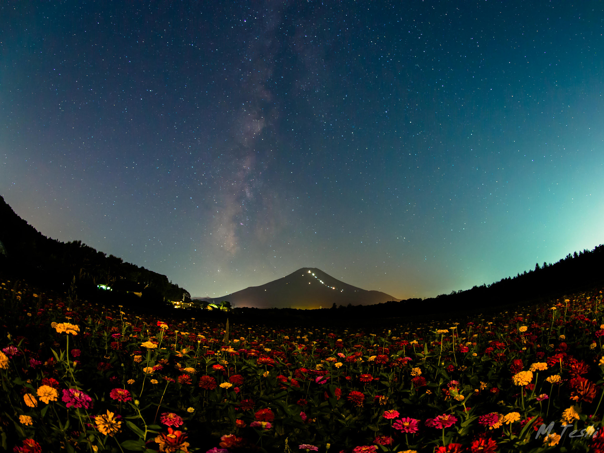 OLYMPUS M.8mm F1.8 sample photo. 宙(そら)と富士と花 photography