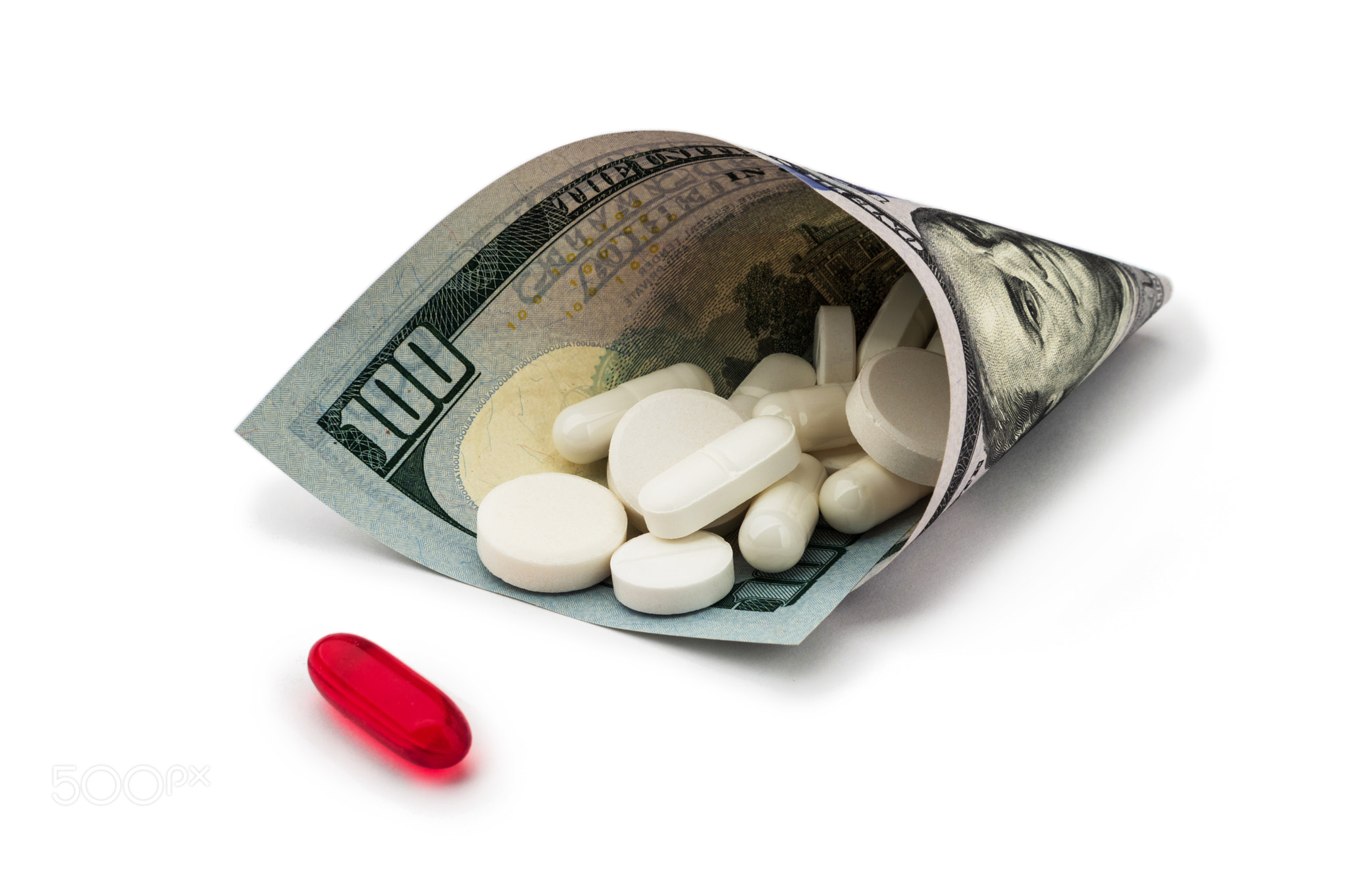 White pills with money. Health costs a lot