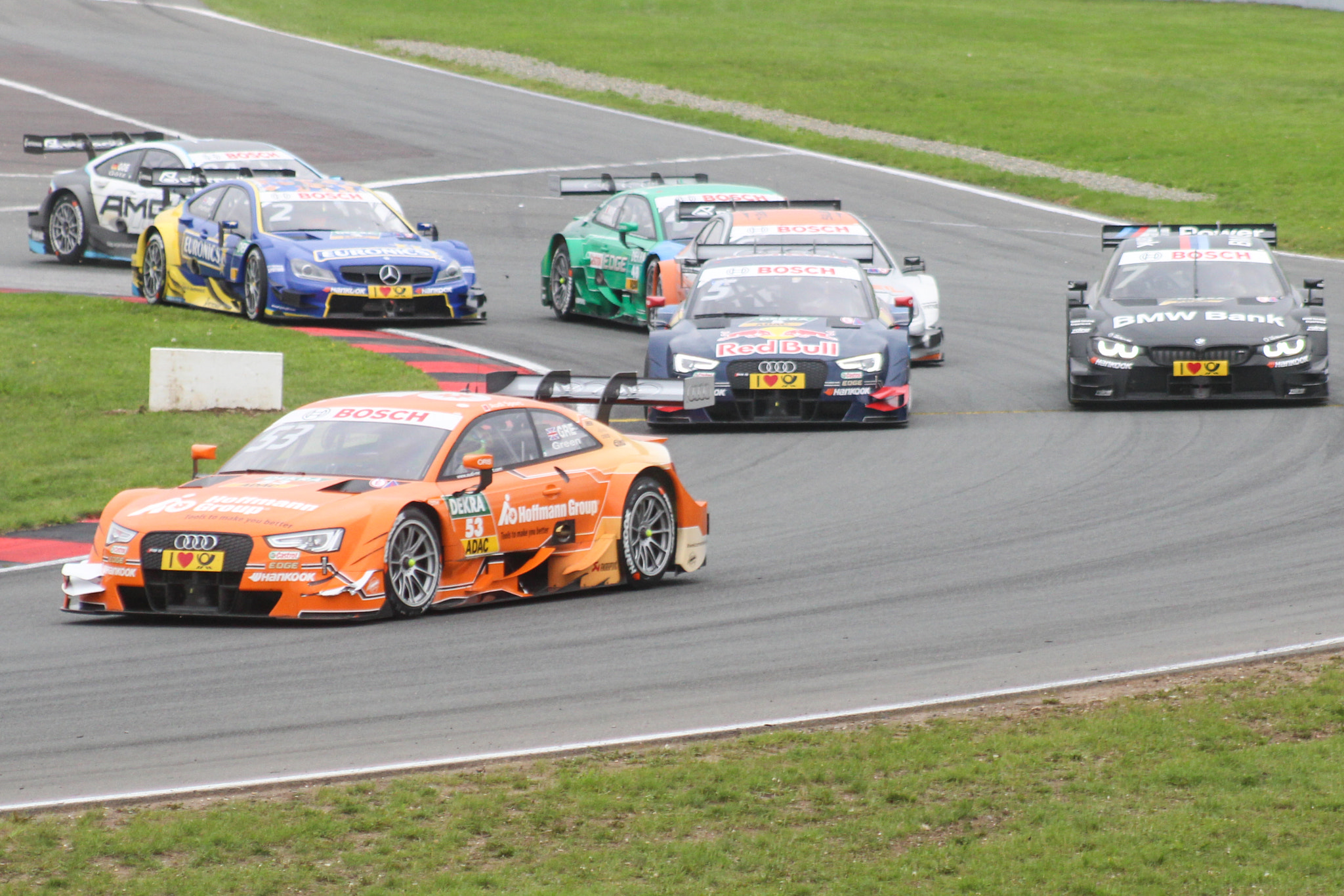 Canon EF 75-300mm f/4-5.6 USM sample photo. Dtm oschersleben 2015 - a close bunch behind green in the omega turn photography