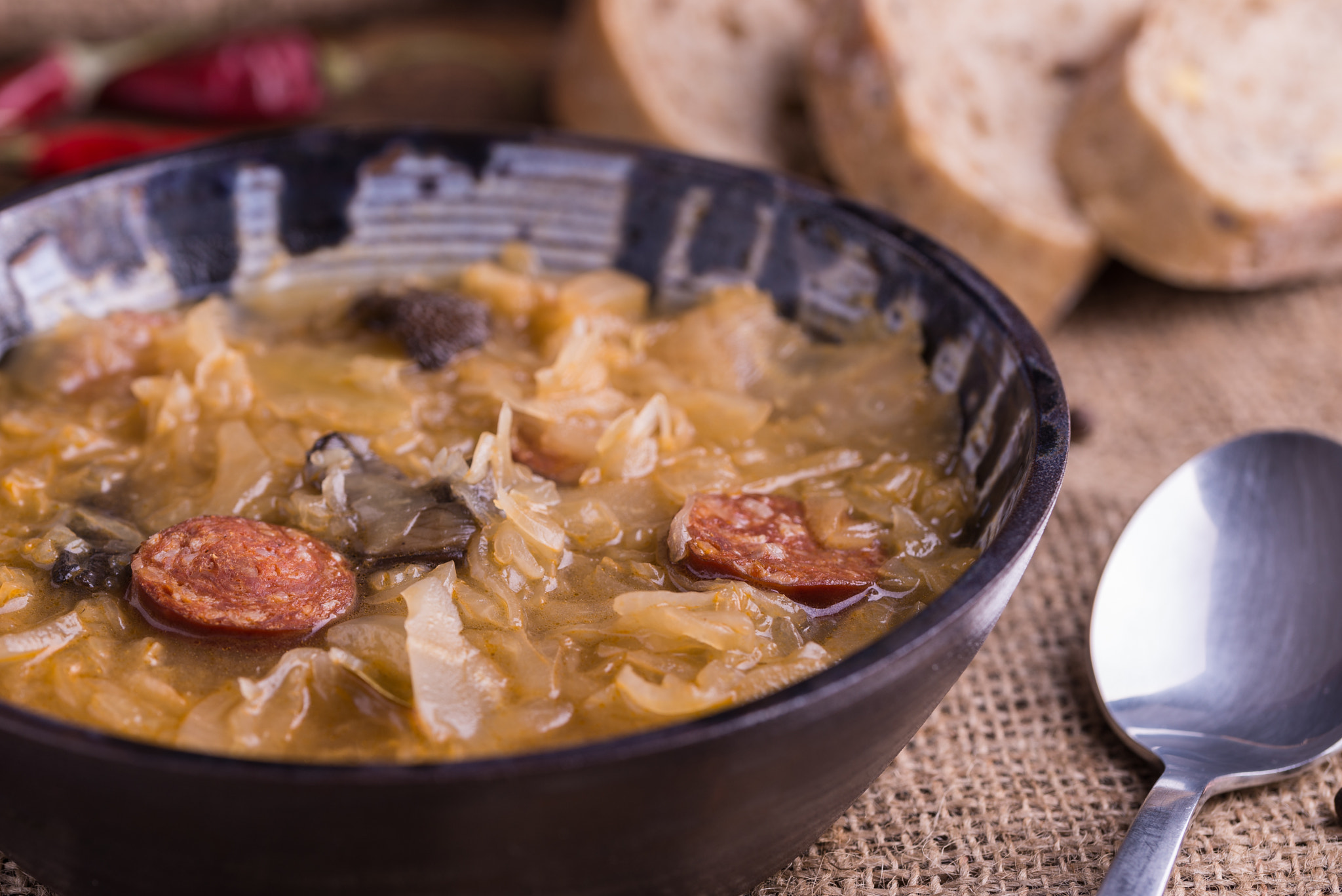Nikon D610 + Tamron SP 90mm F2.8 Di VC USD 1:1 Macro (F004) sample photo. Christmas cabbage soup with mushrooms on natural background. photography