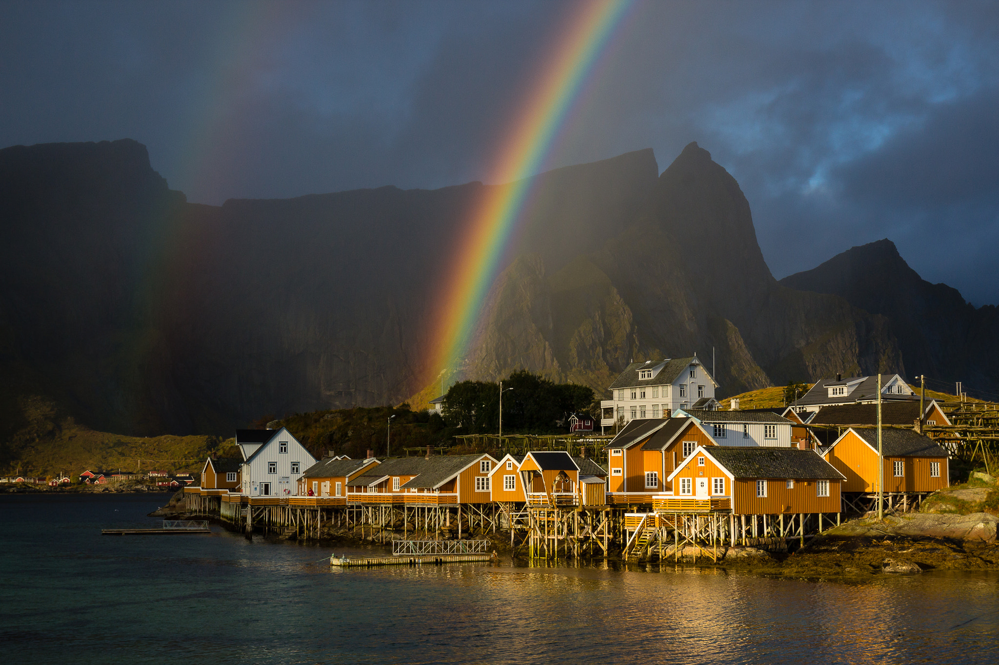 Canon EOS 600D (Rebel EOS T3i / EOS Kiss X5) + Canon EF 16-35mm F4L IS USM sample photo. Double rainbow over the little norwegian village of sakrisøy photography