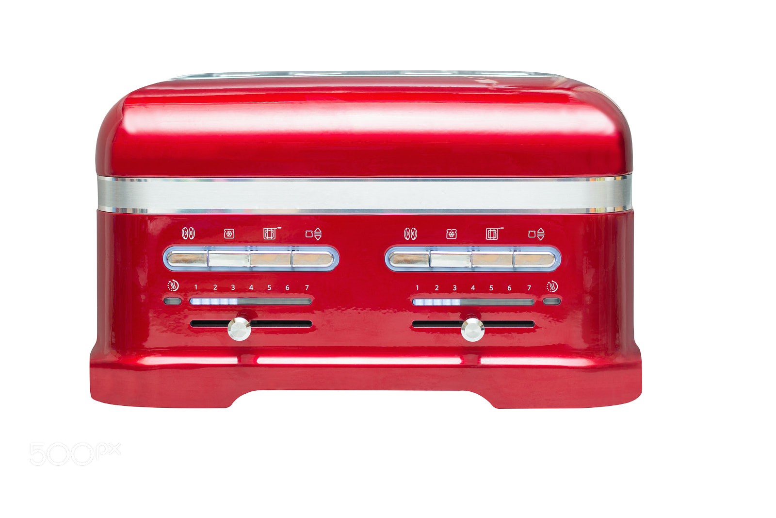 Nikon D7100 sample photo. Front view of vivid red four bread slices toaster isolated on white background photography