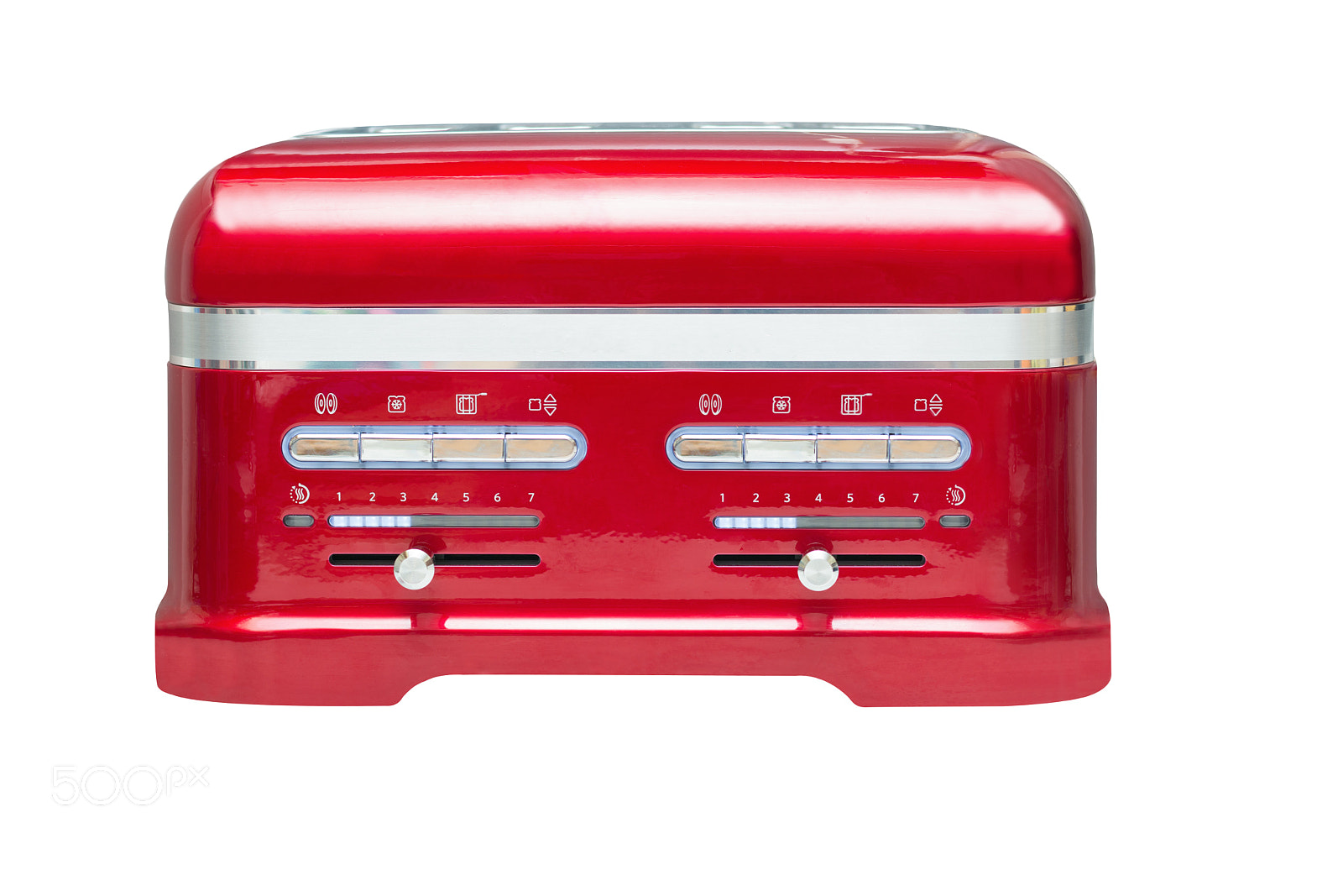 Nikon D7100 + Nikon AF Nikkor 50mm F1.4D sample photo. Front view of vivid red four bread slices toaster isolated on white background photography