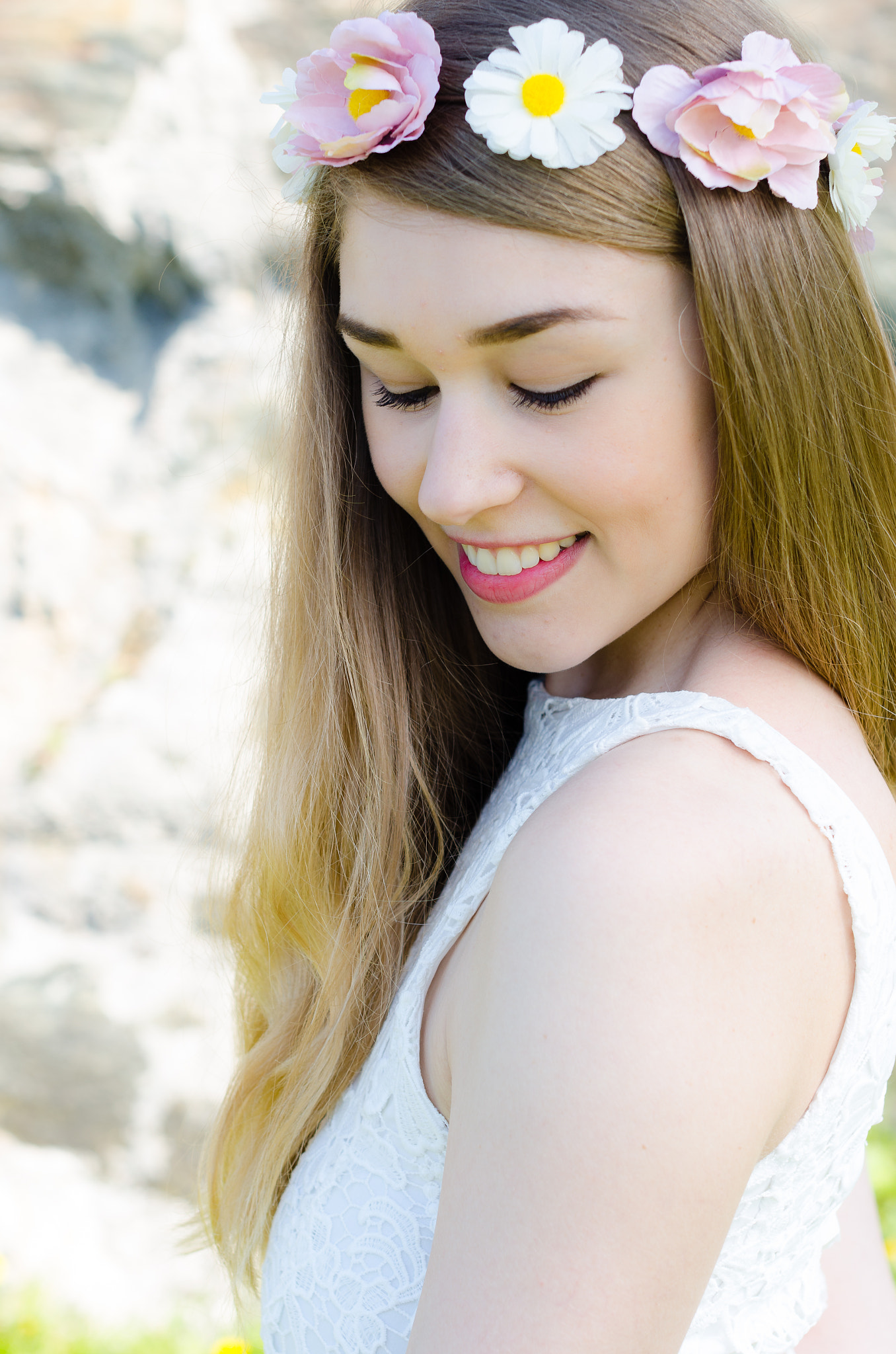 Nikon D7000 + Sigma 50mm F1.4 EX DG HSM sample photo. Female model in white dress and flower crown photography