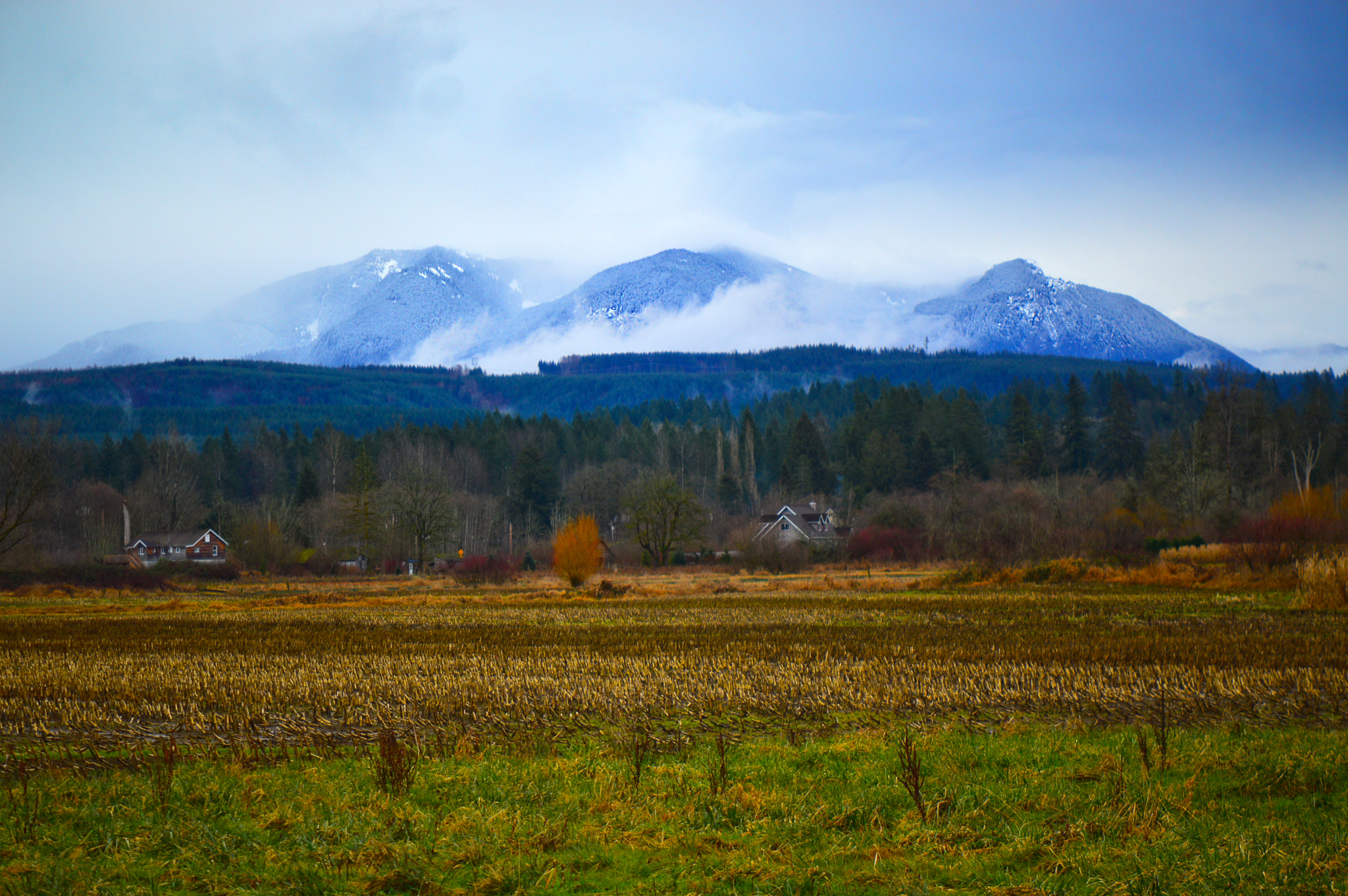 AF Zoom-Nikkor 80-200mm f/4.5-5.6D sample photo. Foggy mountain farmland as the day ends photography