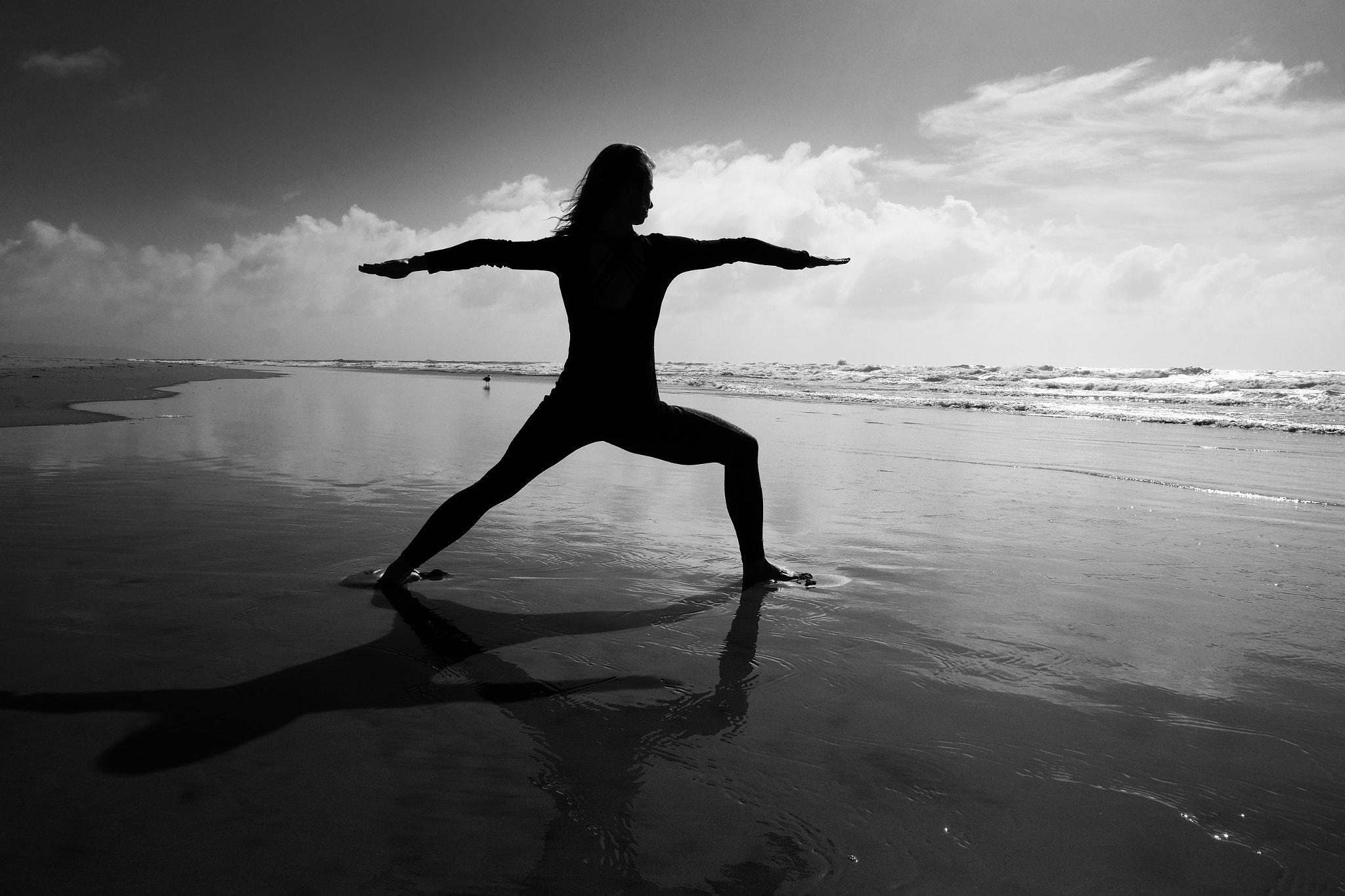 Fujifilm X-T1 + Fujifilm XF 18mm F2 R sample photo. Yoga on beach in california after storm photography