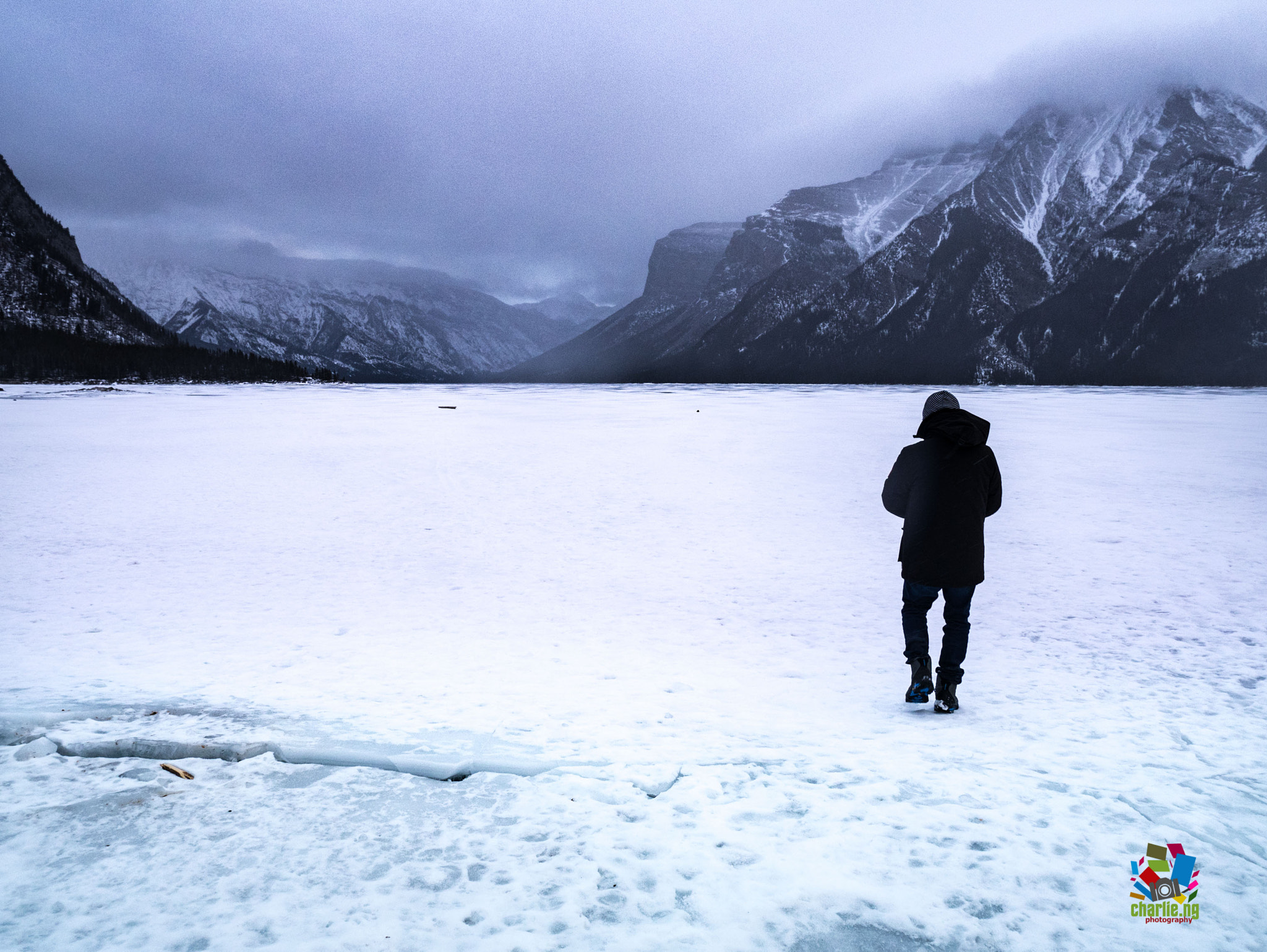 Panasonic Lumix DMC-GM1 sample photo. Walking on the frozen lake minnewanka photography
