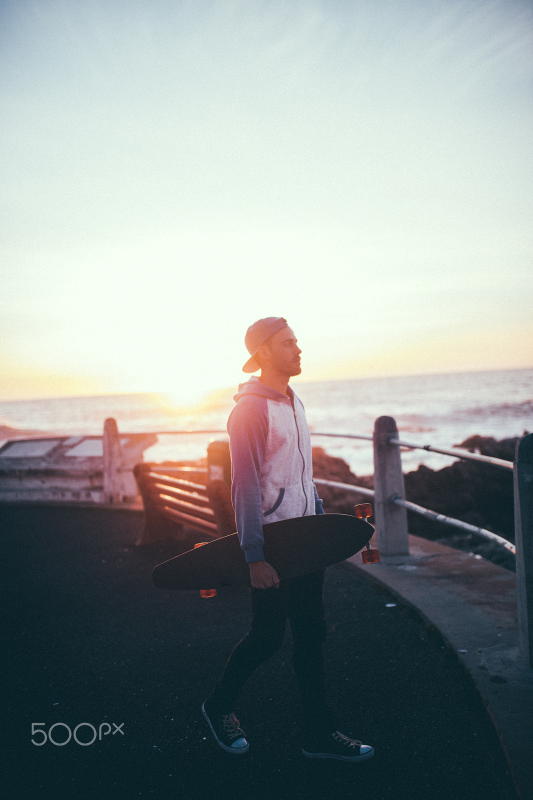 Canon EOS 5DS + Sigma 35mm F1.4 DG HSM Art sample photo. Male hipster adult walking in sunset with longboard photography