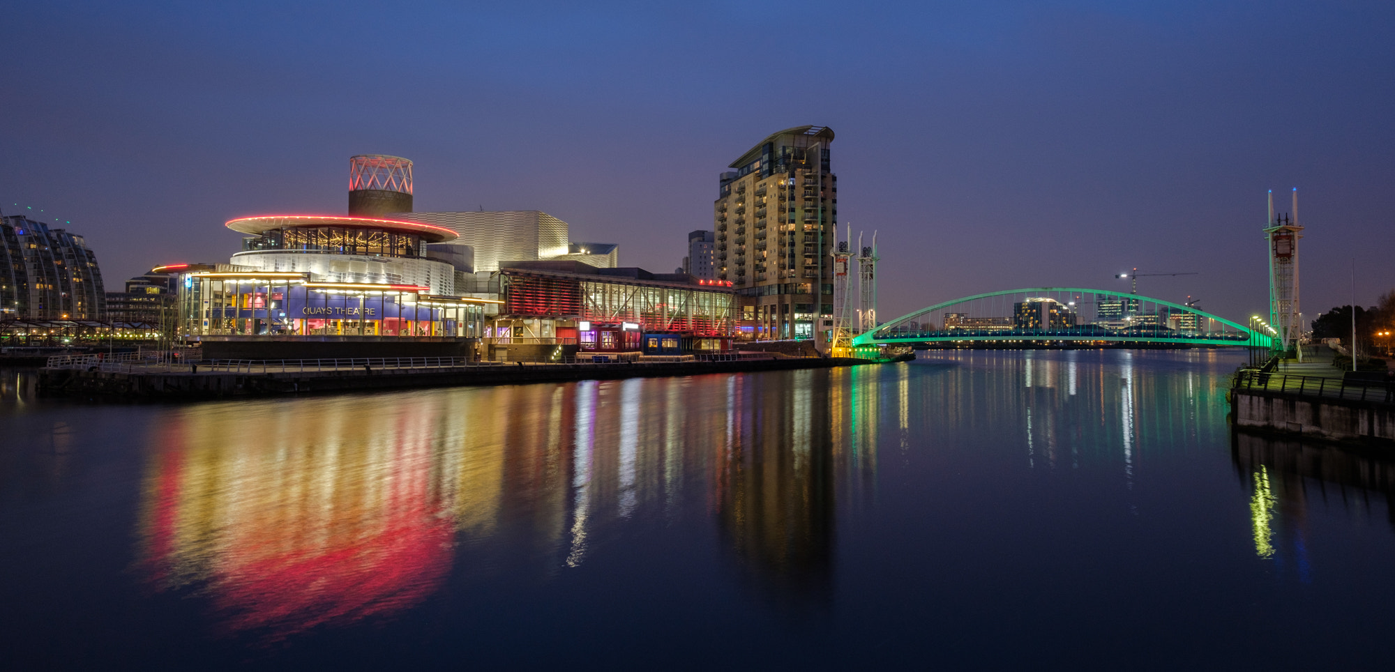 Fujifilm X-T2 + Fujifilm XF 14mm F2.8 R sample photo. Lowry theatre blue hour photography