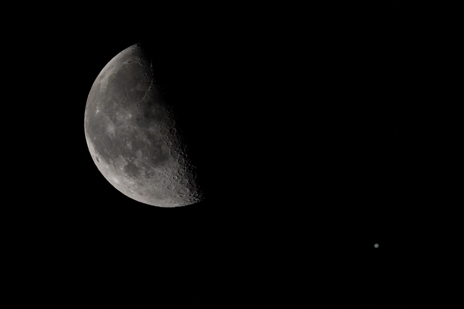 Nikon D7200 + Sigma 50mm F2.8 EX DG Macro sample photo. Quarter moon meets jupiter photography