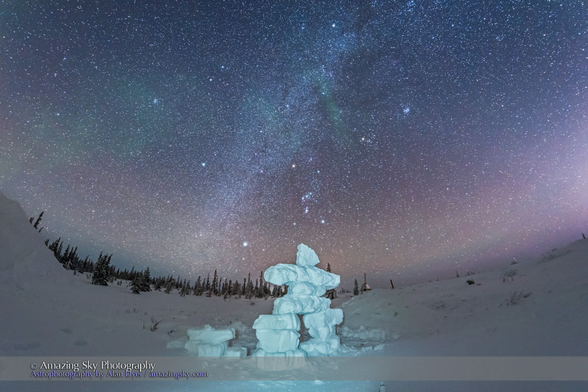 Samyang 12mm F2.8 ED AS NCS Fisheye sample photo. Orion over snow inukshuk photography