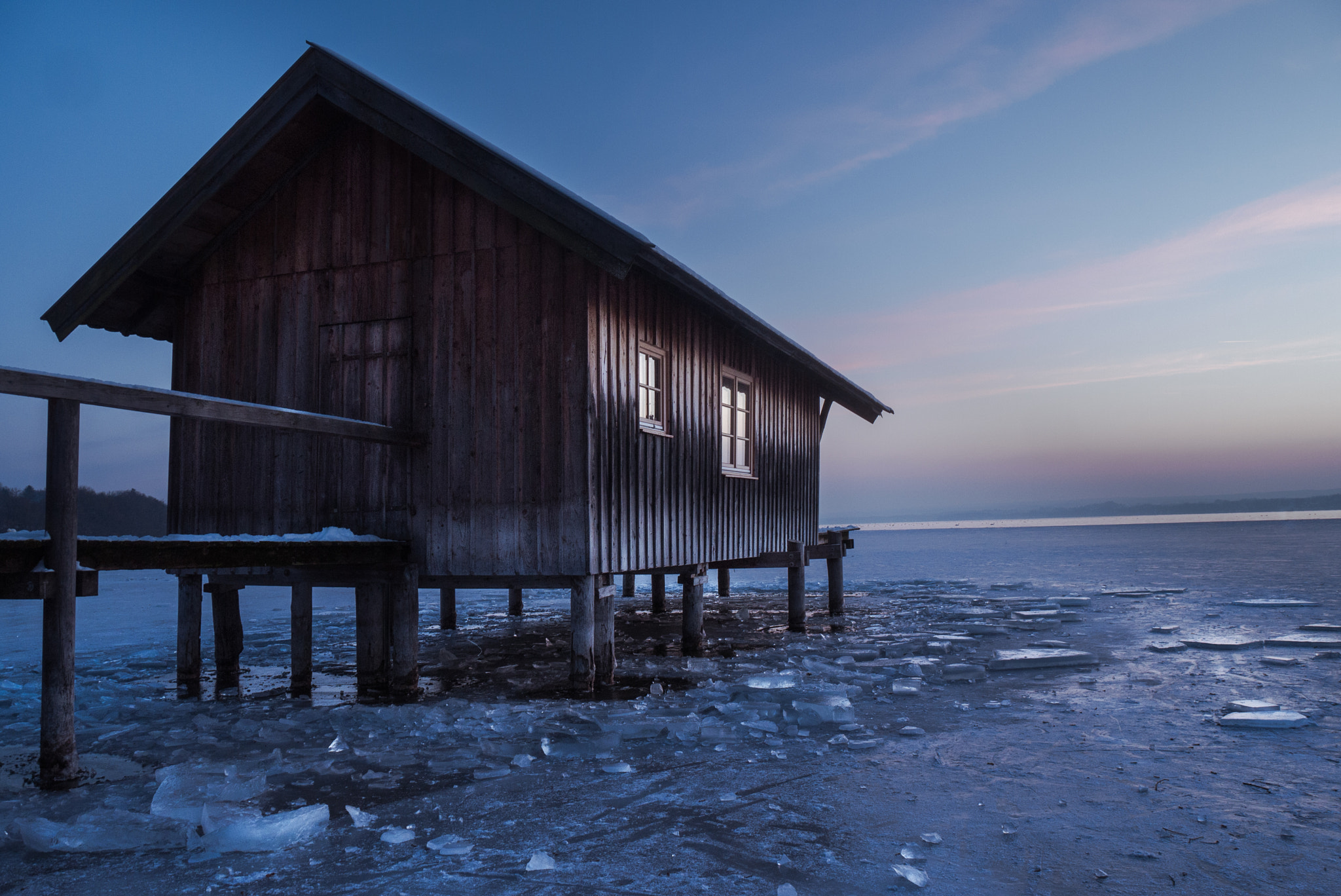 Panasonic Lumix DMC-GF2 + LUMIX G VARIO 14-42/F3.5-5.6 II sample photo. Boathouse in frozen ammersee photography