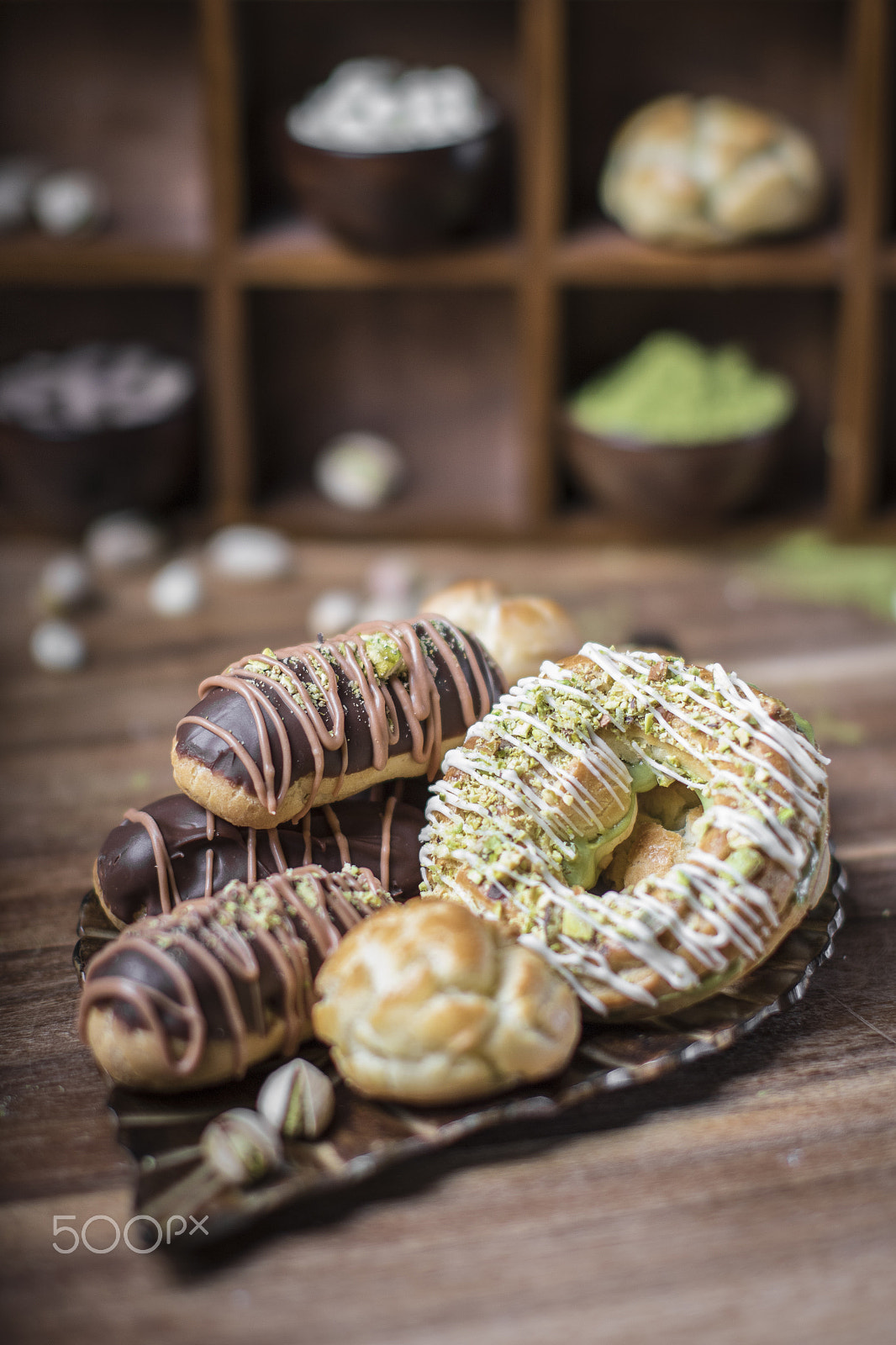 Canon EF 50mm F1.2L USM sample photo. Matcha pistachio eclairs with white chocolate photography