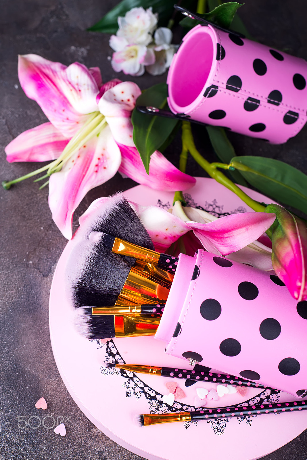 Nikon D610 + AF Nikkor 50mm f/1.8 sample photo. Various makeup brushes photography