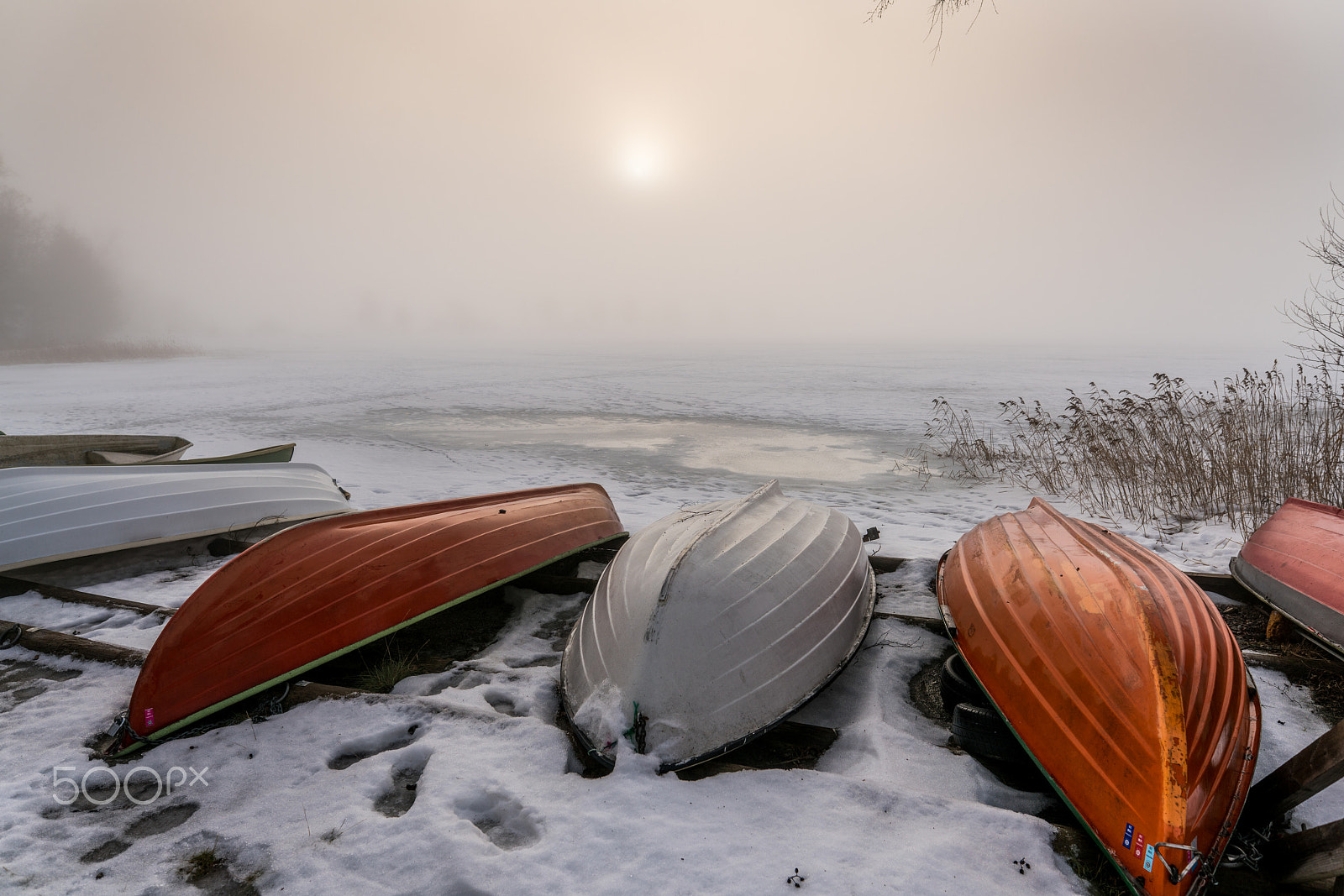 Sigma 20mm F1.4 DG HSM Art sample photo. Boats on a foggy winter day photography