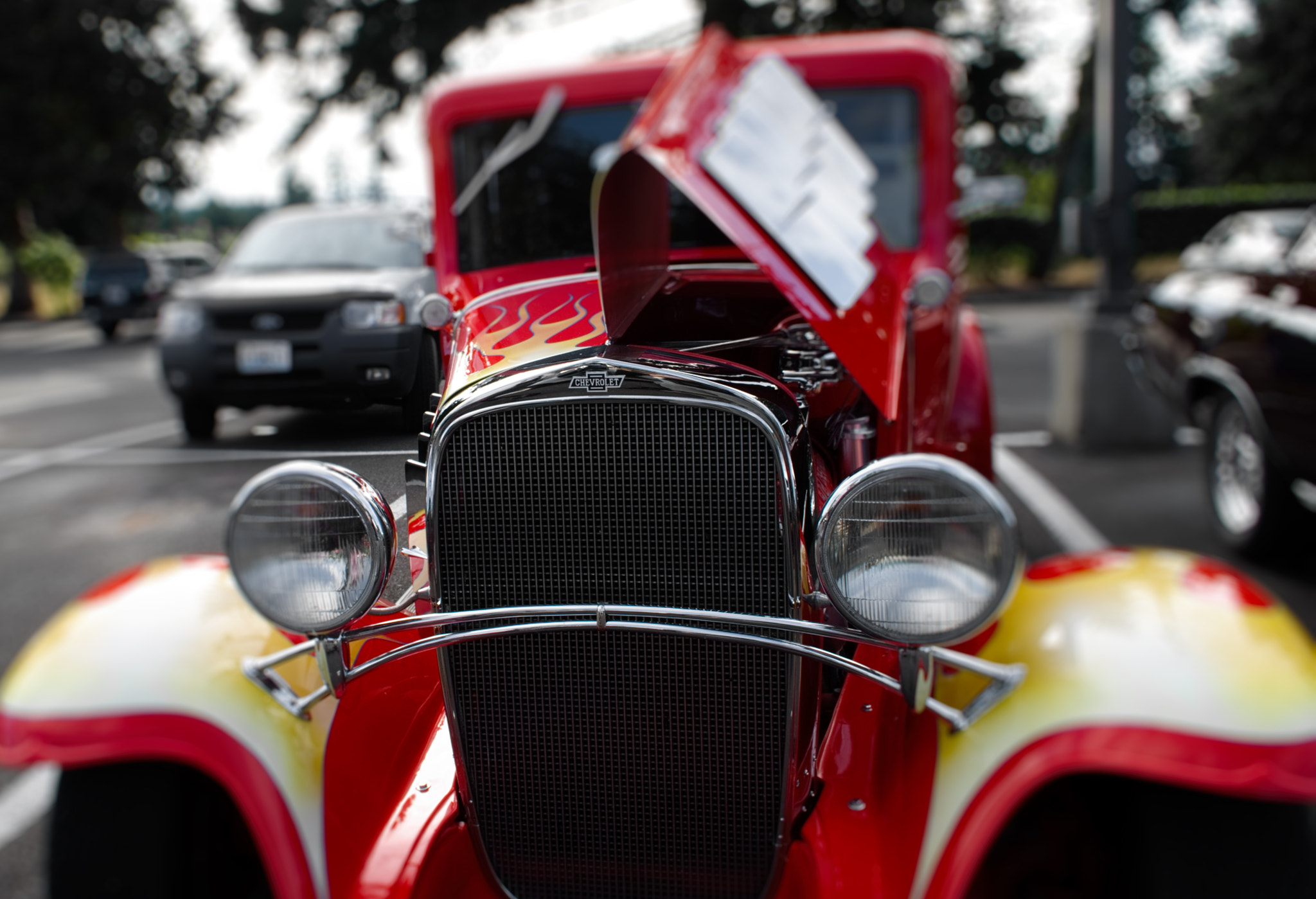 Nikon D60 sample photo. Red flamed chevy hot rod photography