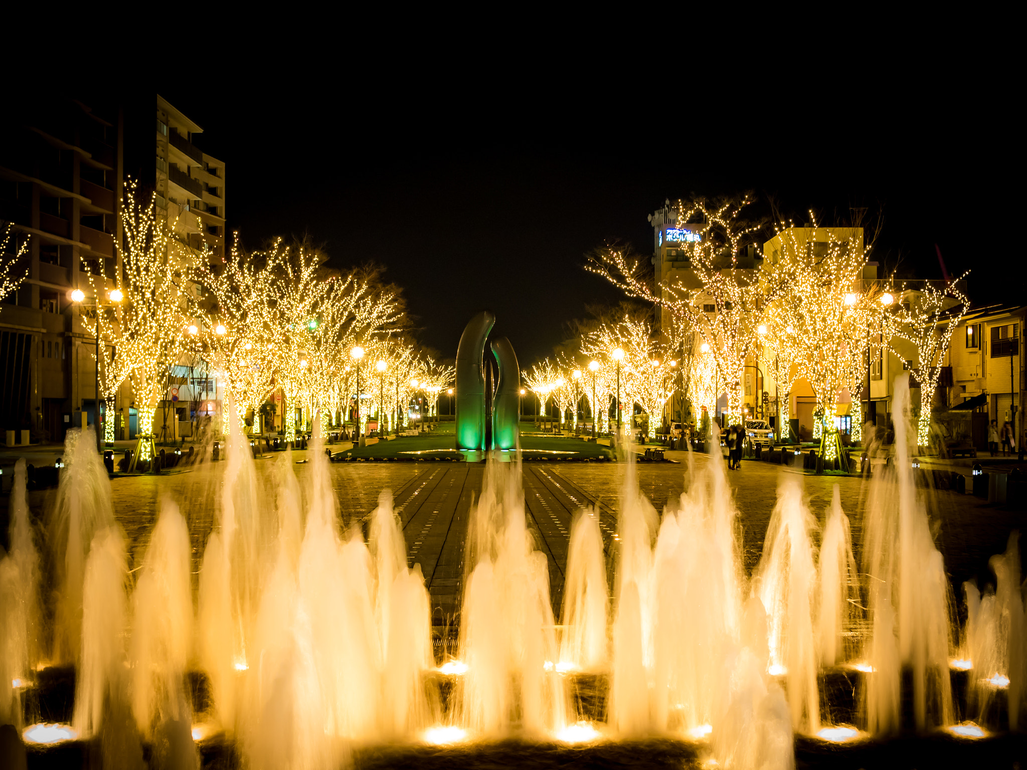 Olympus M.Zuiko Digital 25mm F1.8 sample photo. A fountain on a street with tree lights photography